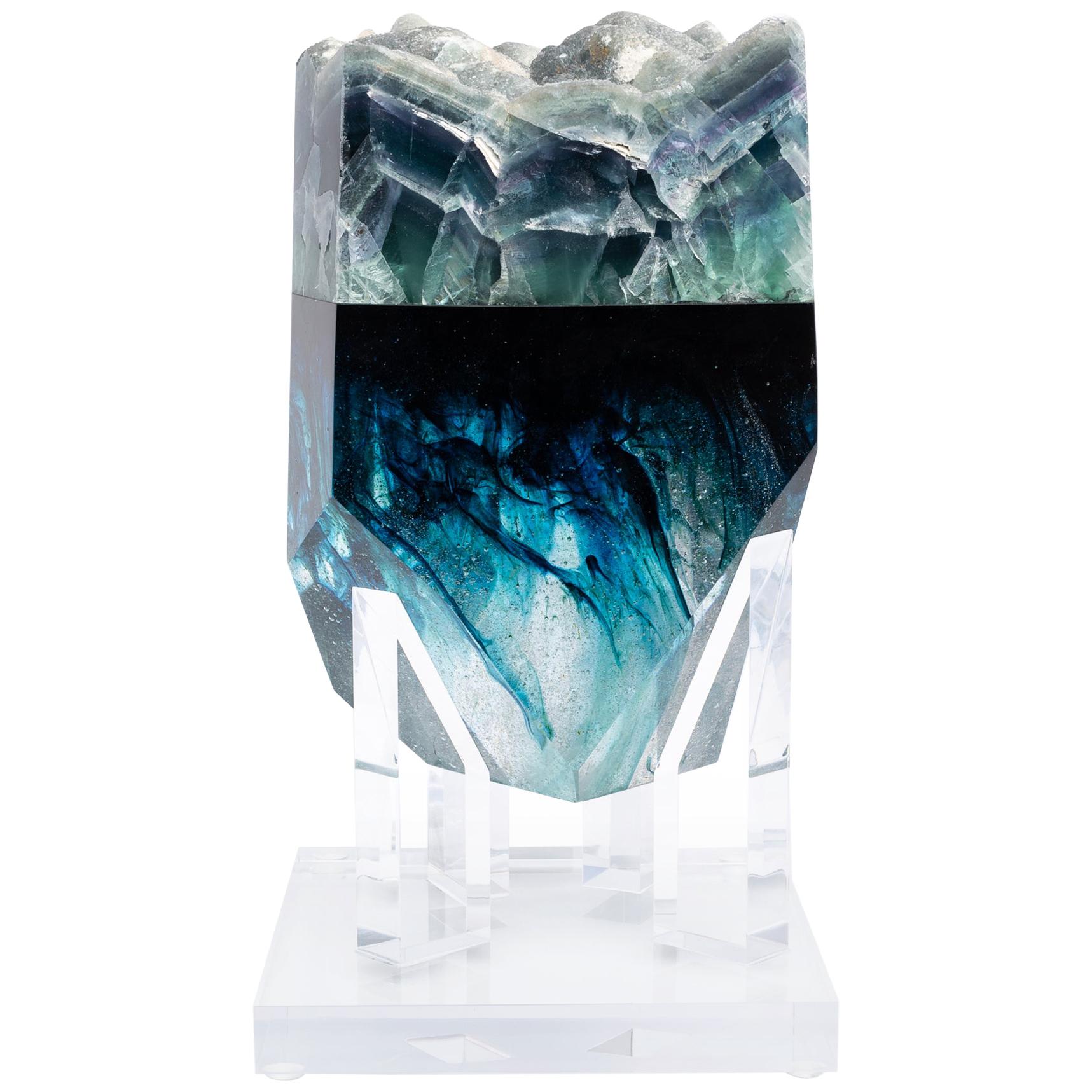 Blue and Purple Fluorite and Glass Sculpture on Acrylic Base