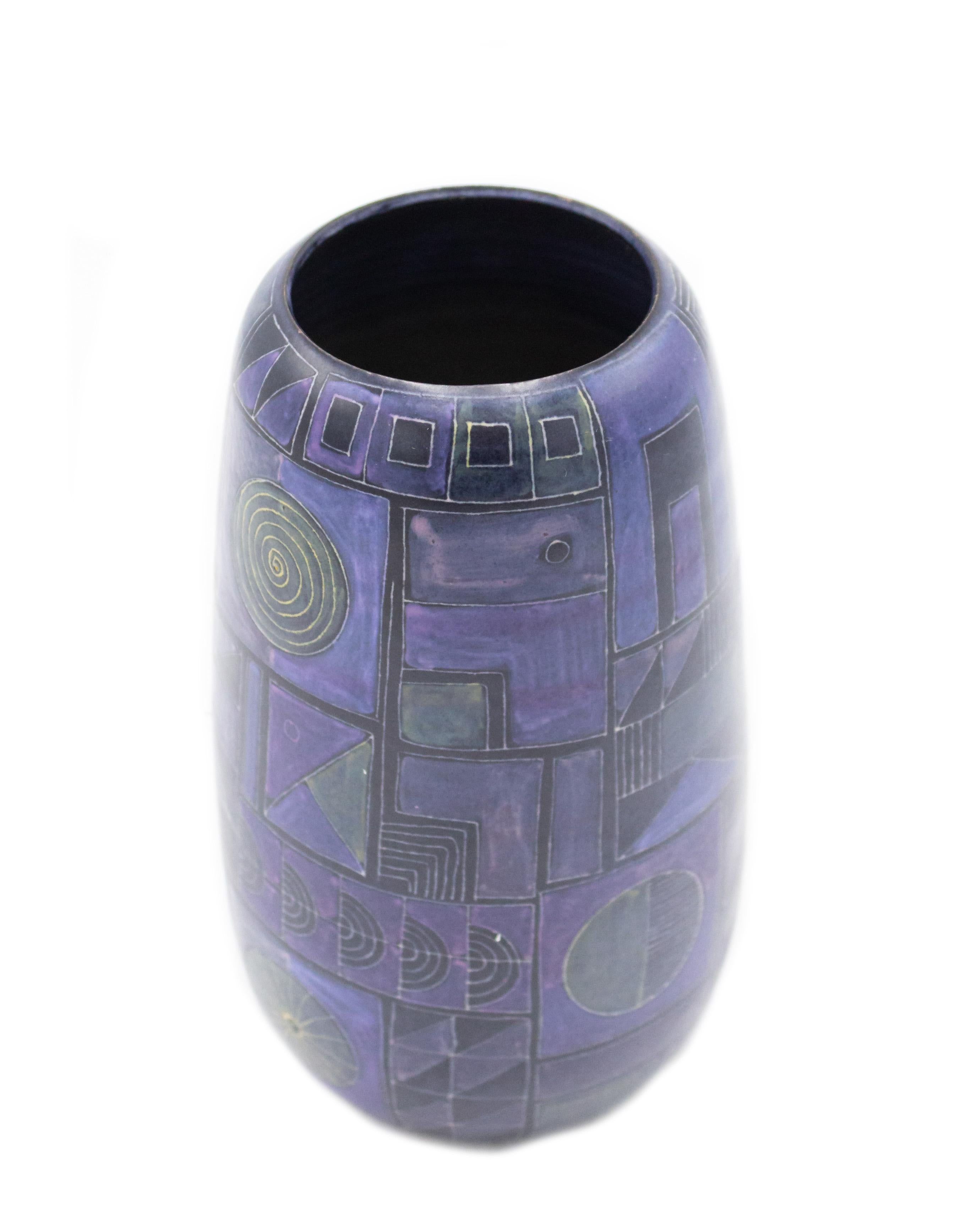 Art Deco (possibly French) cylindrical shaped blue and purple vase with a geometric design.