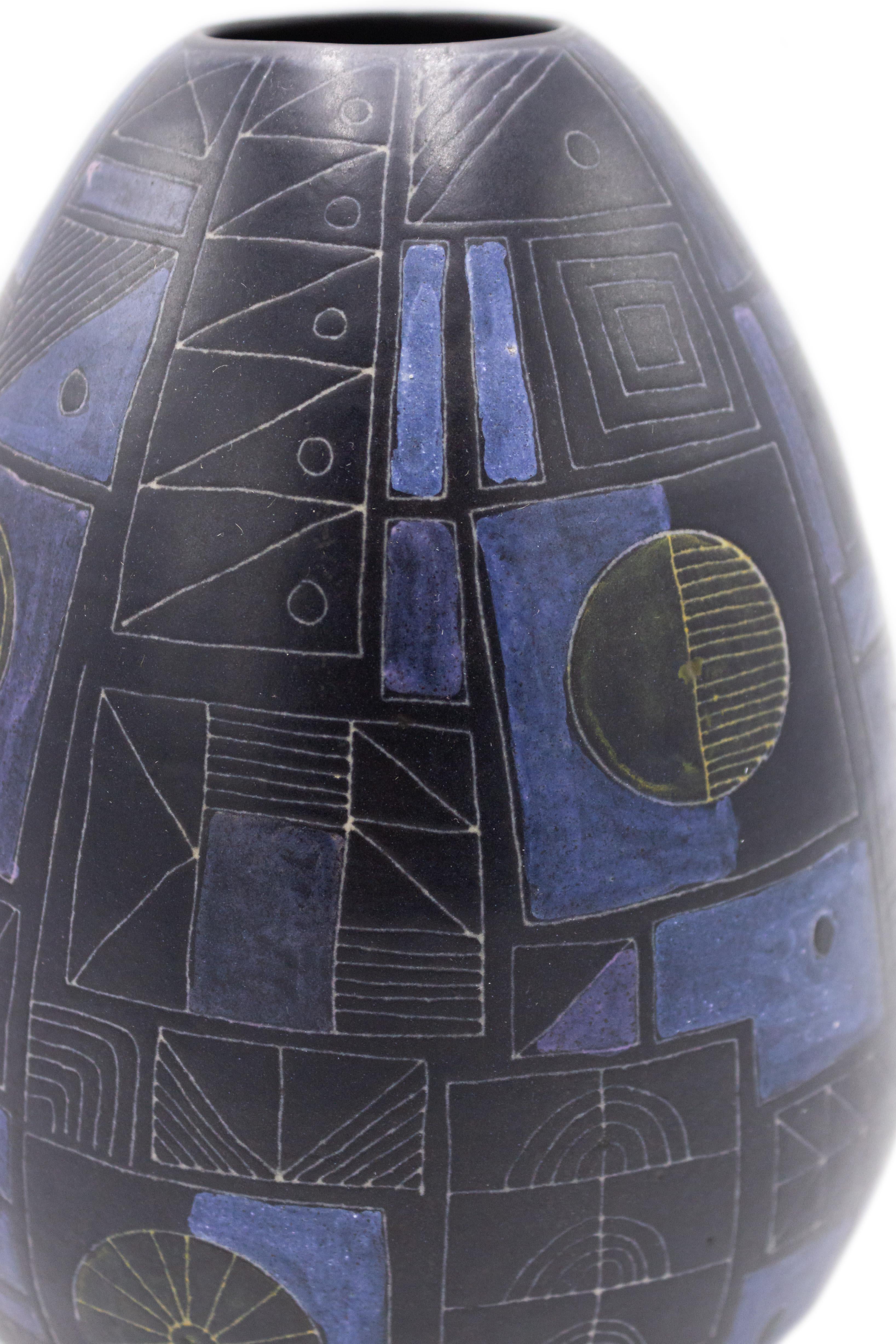 French Blue and Purple Geometric Design Ceramic Vase For Sale