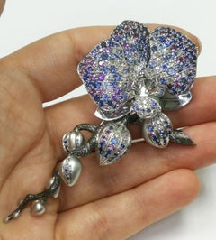 Blue and Purple Sapphires Diamonds 18 Karat White Gold Orchid Brooch