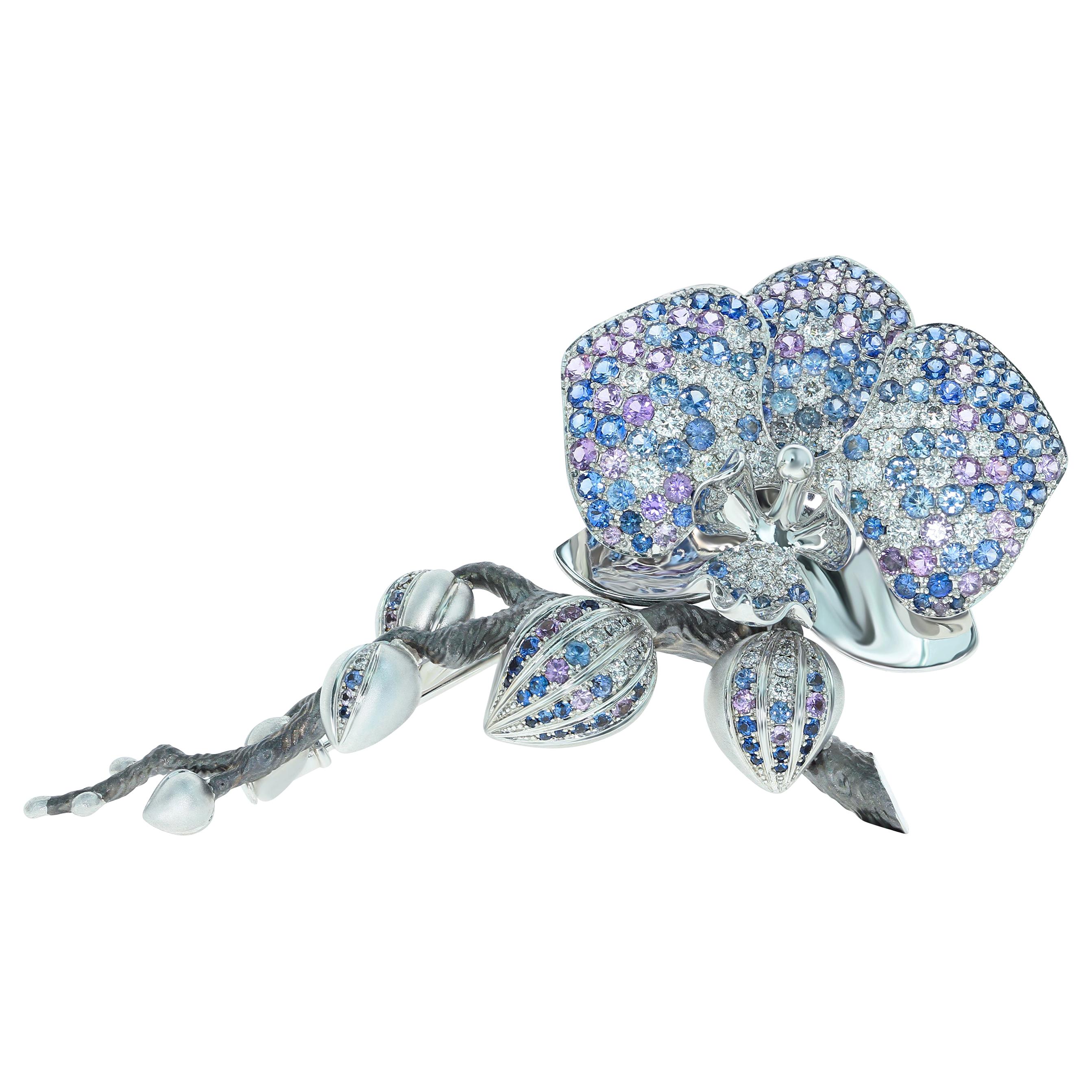 Blue and Purple Sapphires Diamonds 18 Karat White Gold Orchid Brooch