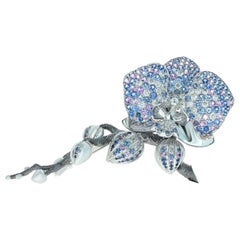 Blue and Purple Sapphires Diamonds 18 Karat White Gold Orchid Brooch