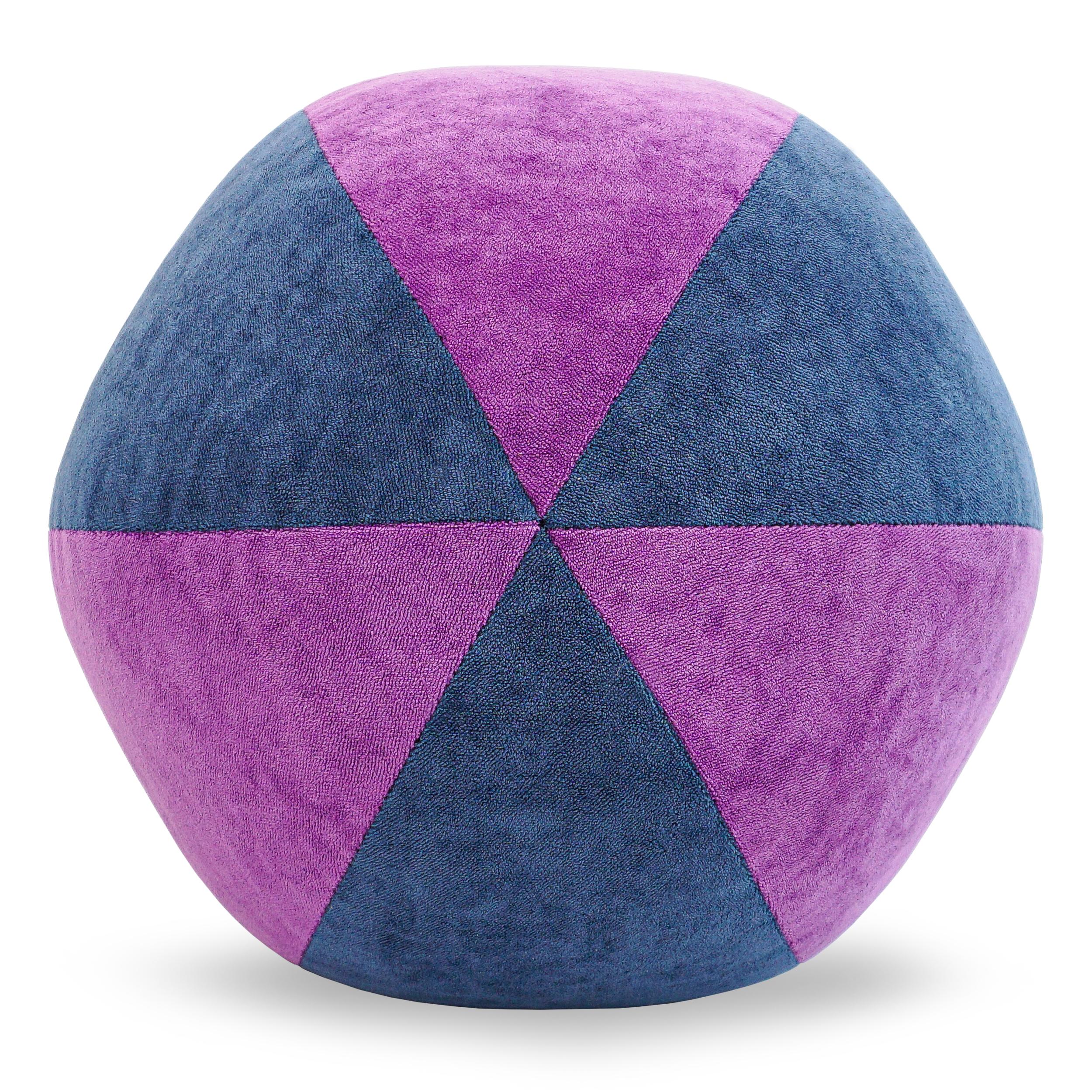 Blue and purple soft velvety terry cloth ball pillow adds fun to any space. Ball pillows can be customized in any fabric. Ask for current availability ball as shown.  

Measurements:
Overall: 12”W x 12”Dia.
Disclaimer: Due to their handcrafted