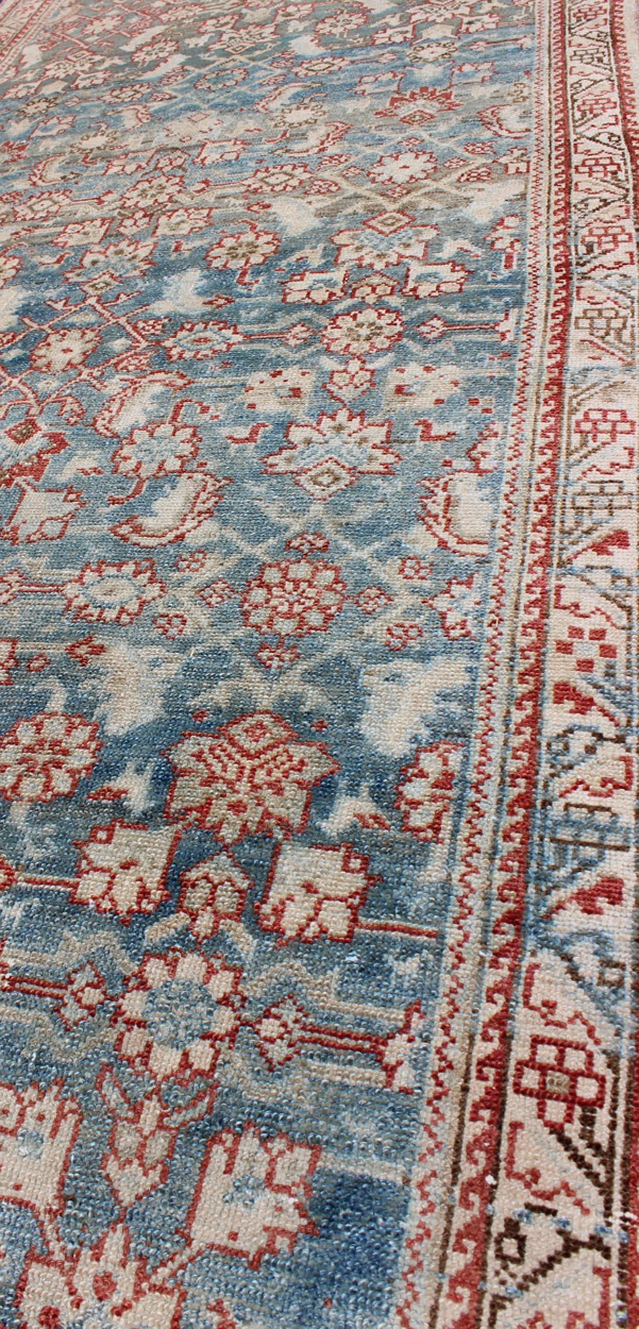 Blue and Red Antique Persian Malayer Long Runner with Sub Geometric Motifs For Sale 4