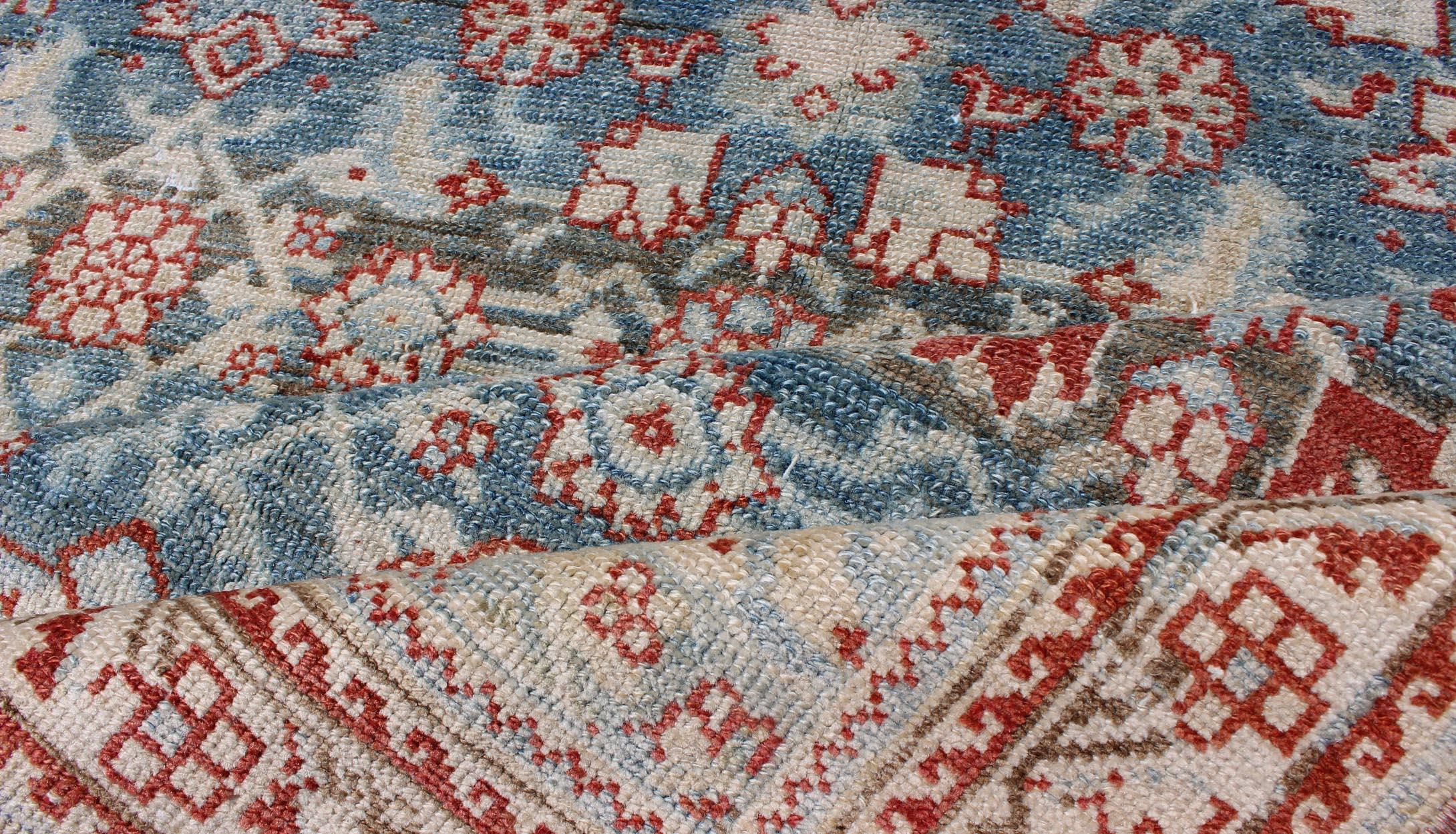 Early 20th Century Blue and Red Antique Persian Malayer Long Runner with Sub Geometric Motifs For Sale