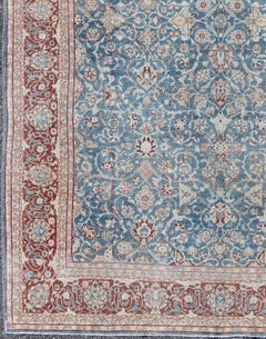 Antique Persian Malayer Rug with Floral Lattice Design in Sky Blue and Soft Red