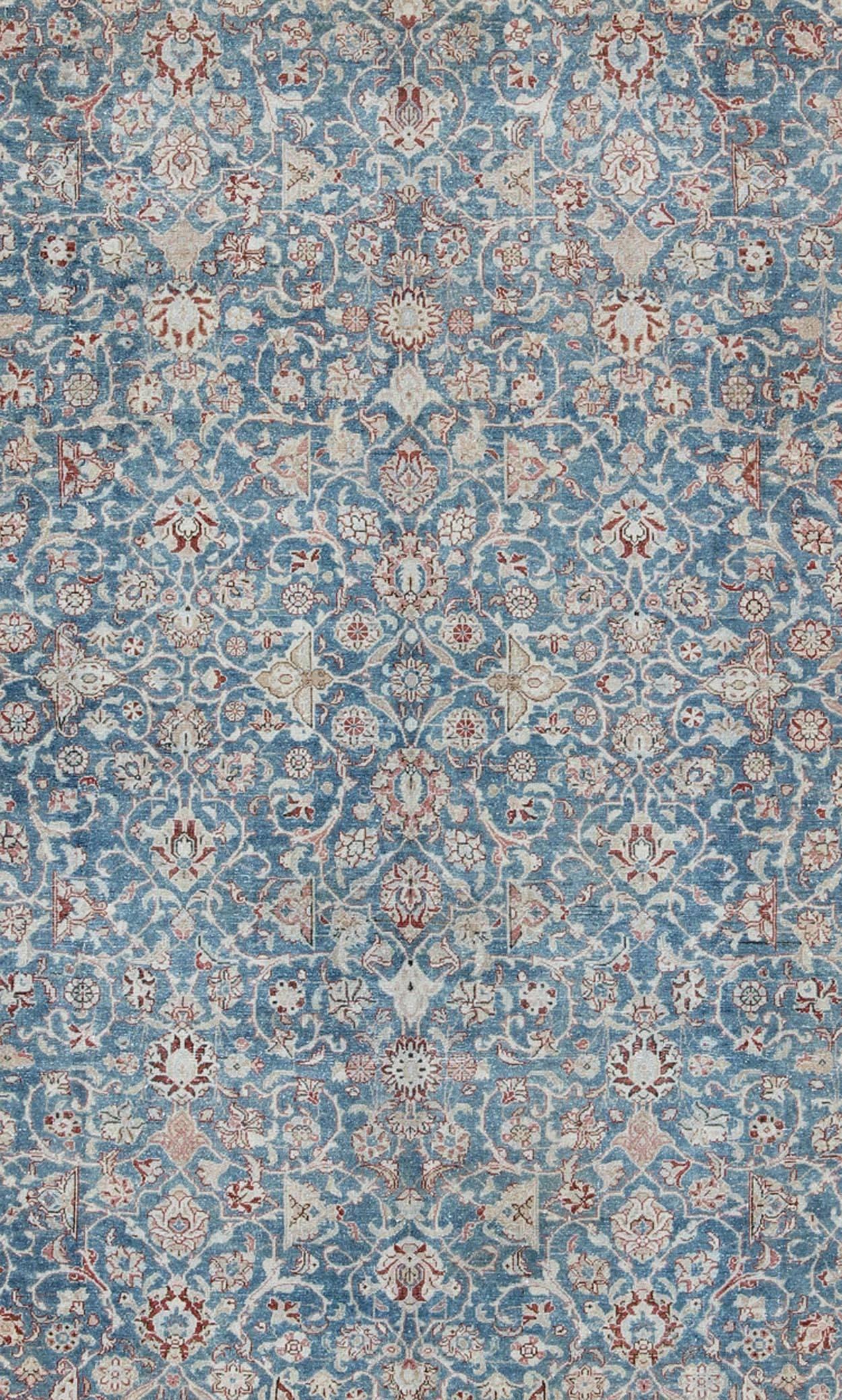 Hand-Knotted Blue and Red Antique Persian Malayer Rug with All-Over Design and Ornate Borders For Sale