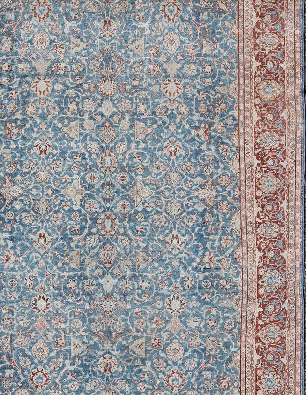 Blue and Red Antique Persian Malayer Rug with All-Over Design and Ornate Borders In Excellent Condition For Sale In Atlanta, GA