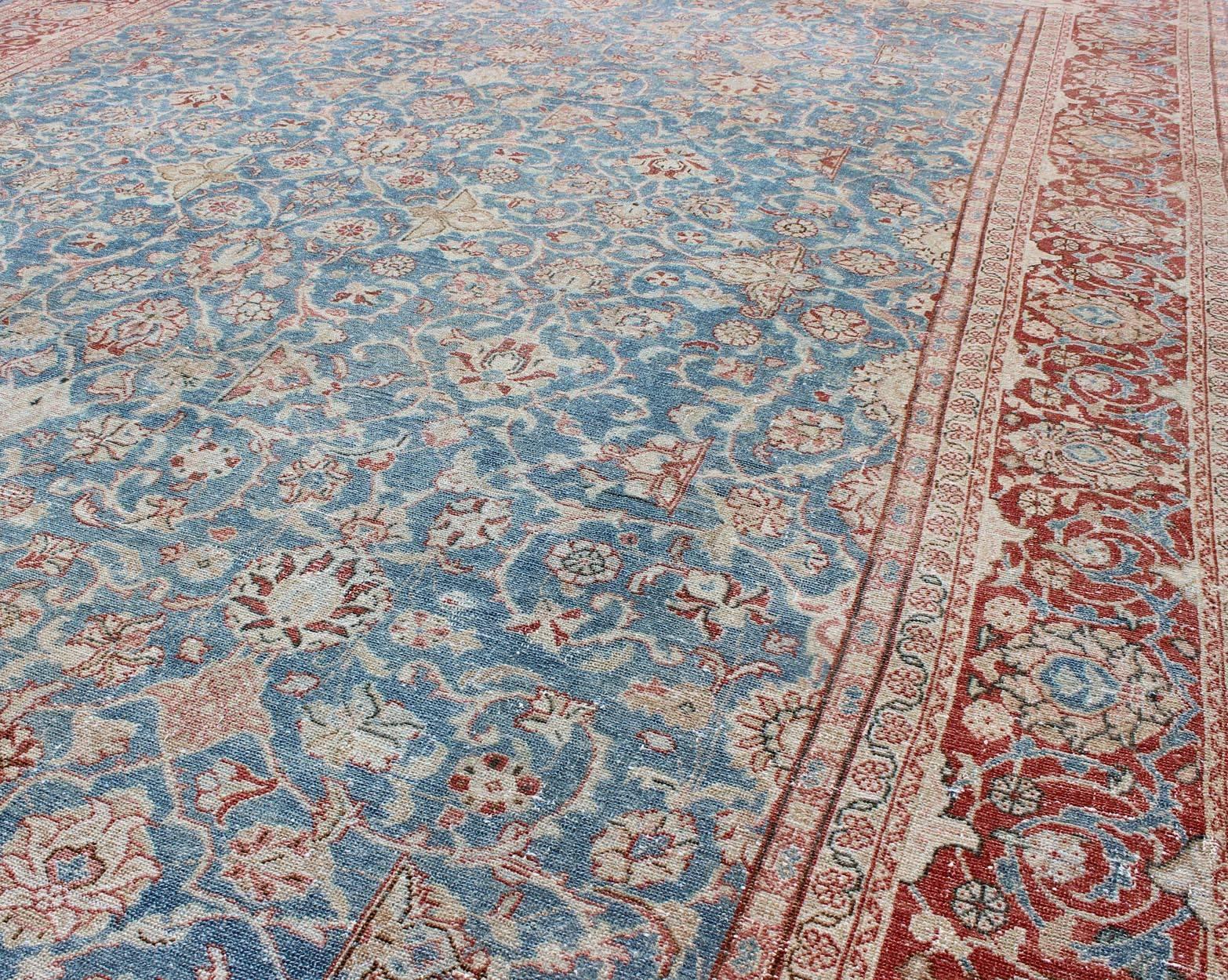 Early 20th Century Blue and Red Antique Persian Malayer Rug with All-Over Design and Ornate Borders For Sale