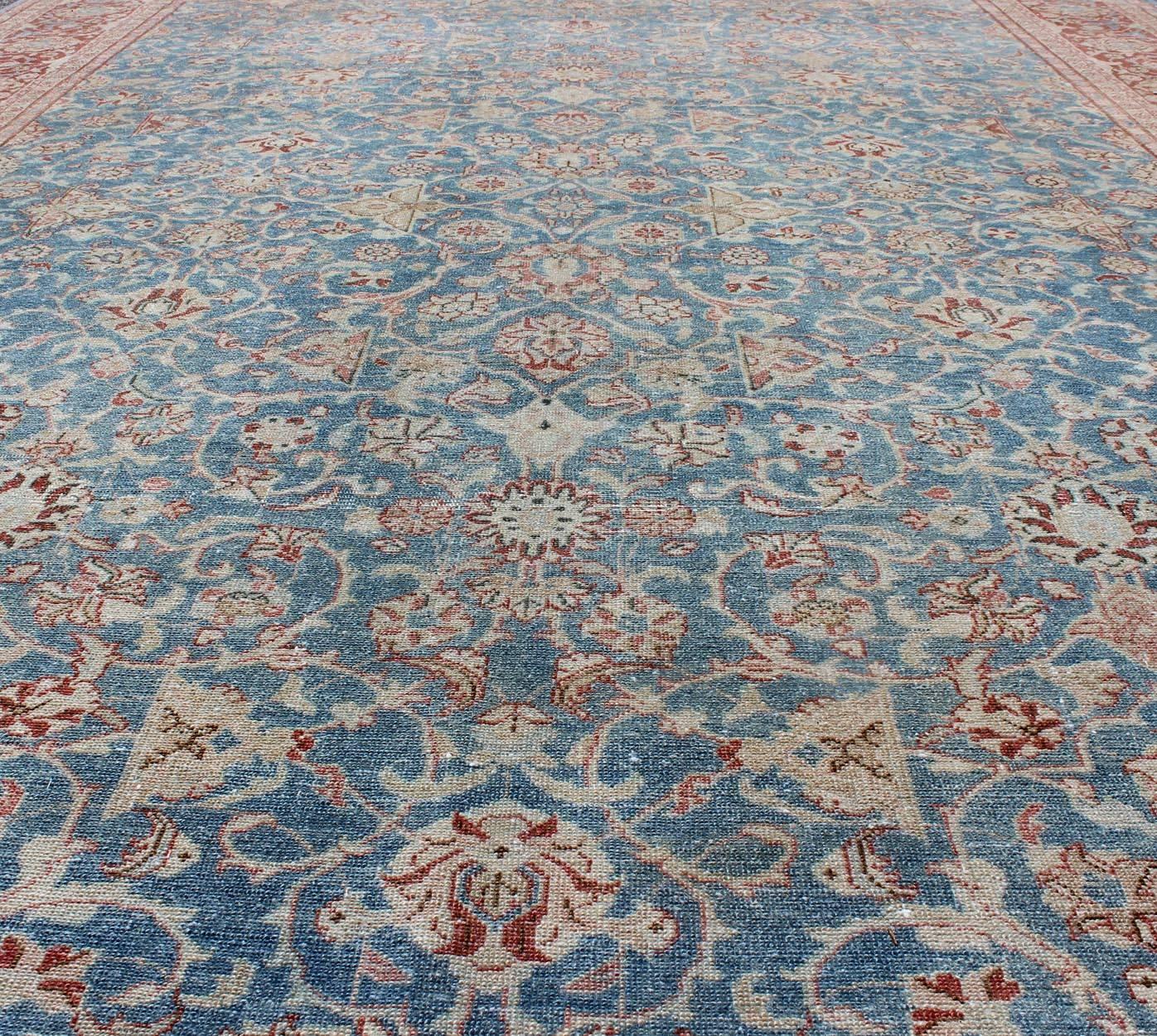 Wool Blue and Red Antique Persian Malayer Rug with All-Over Design and Ornate Borders For Sale