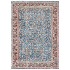 Tappeto antico persiano Malayer blu e rosso con disegno all-over e bordi ornati