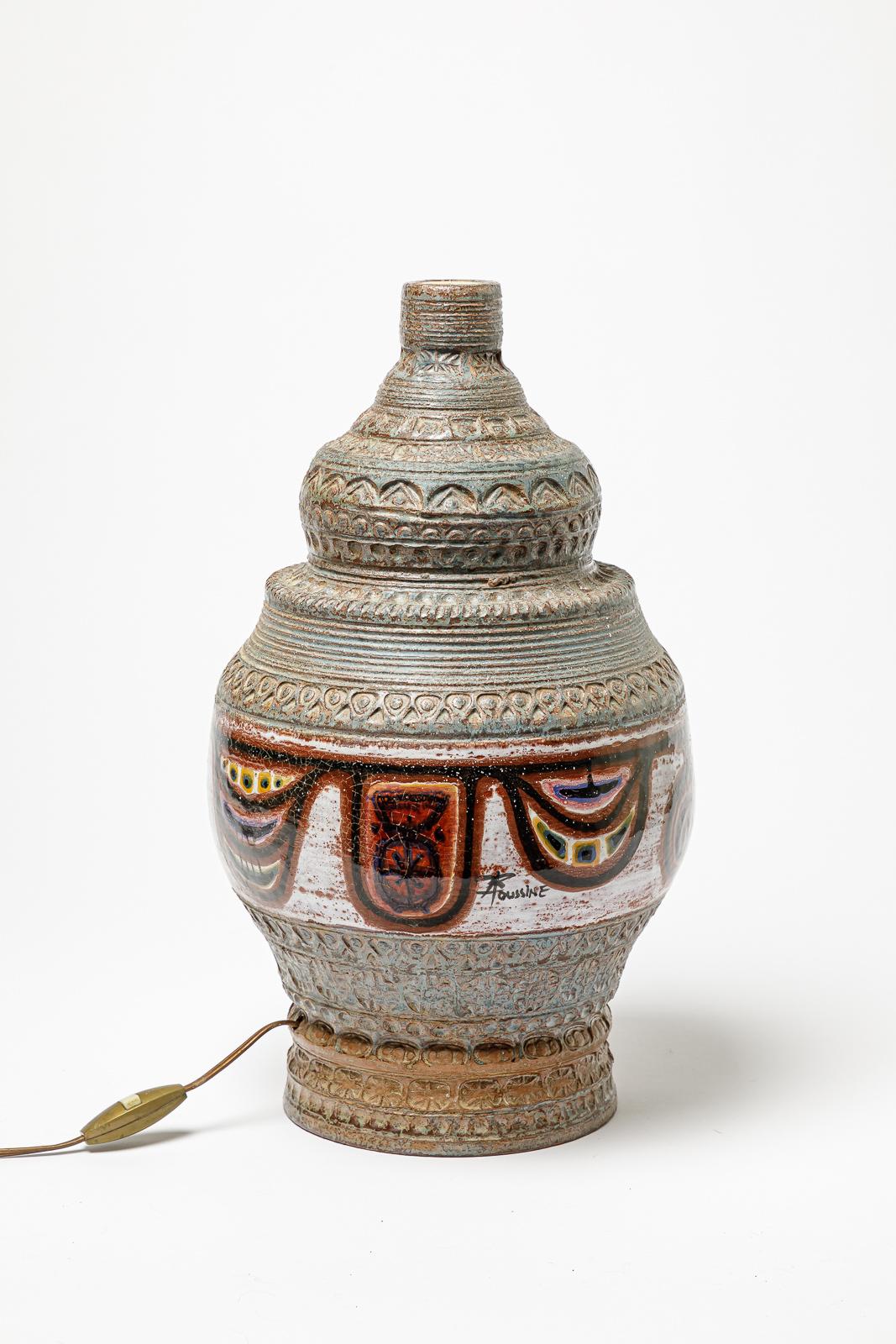 20th Century Blue and red glazed stoneware table lamp by Jacques Poussine, circa 1970. For Sale