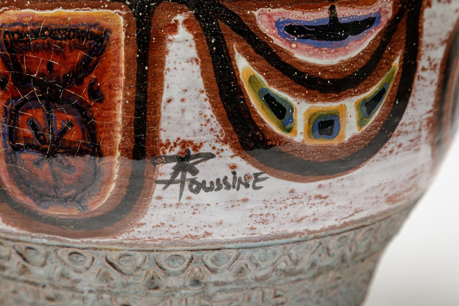 Ceramic Blue and red glazed stoneware table lamp by Jacques Poussine, circa 1970. For Sale