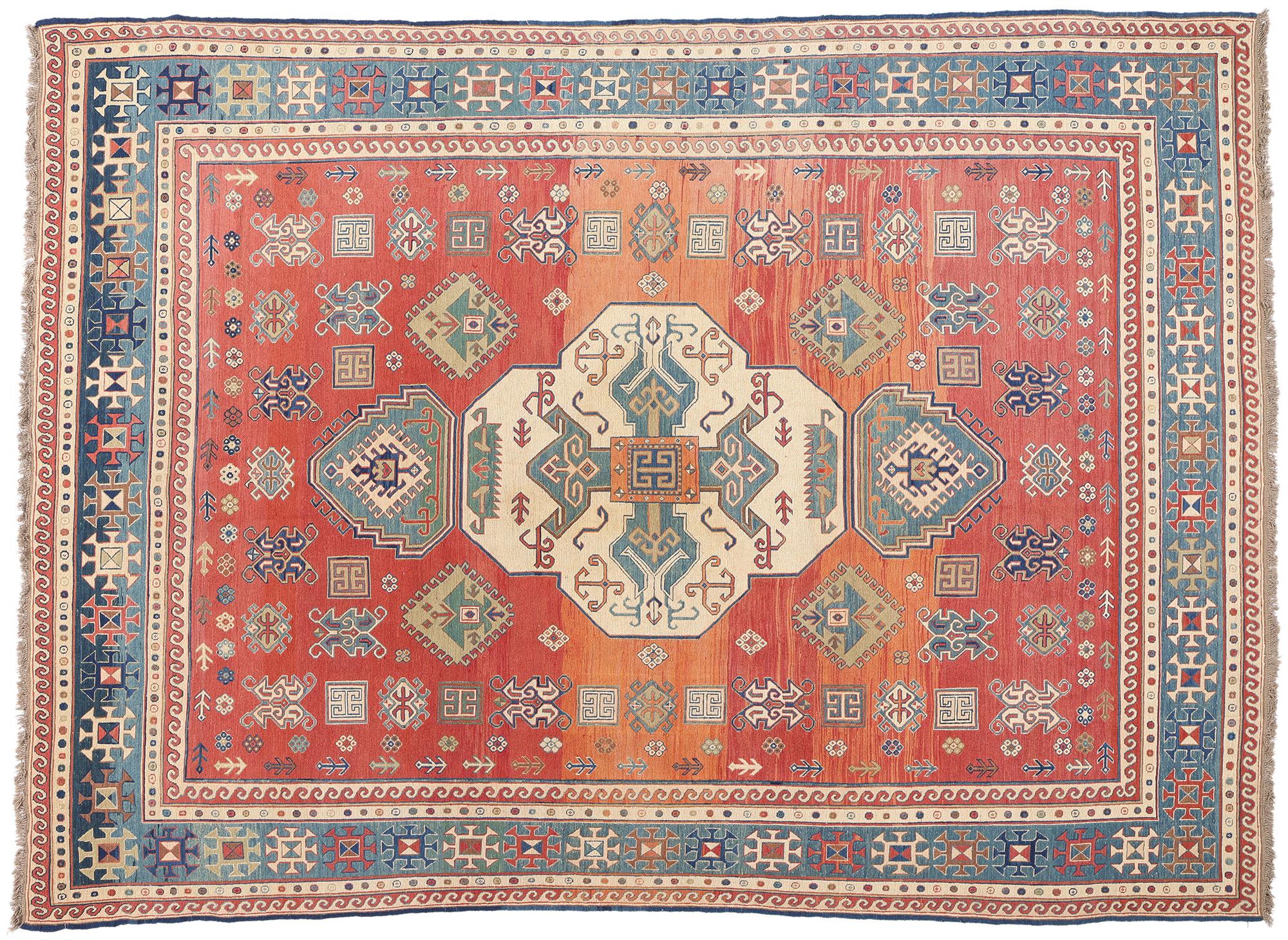 Großer kaukasischer Stammeskunst-Teppich in Blau und Rot, 09'09 x 13'05 im Angebot 2