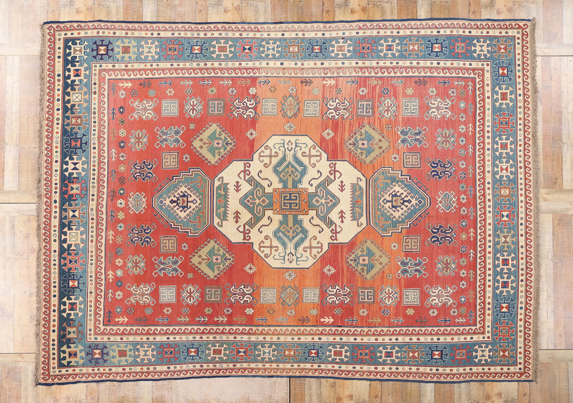 Großer kaukasischer Stammeskunst-Teppich in Blau und Rot, 09'09 x 13'05 im Angebot 1