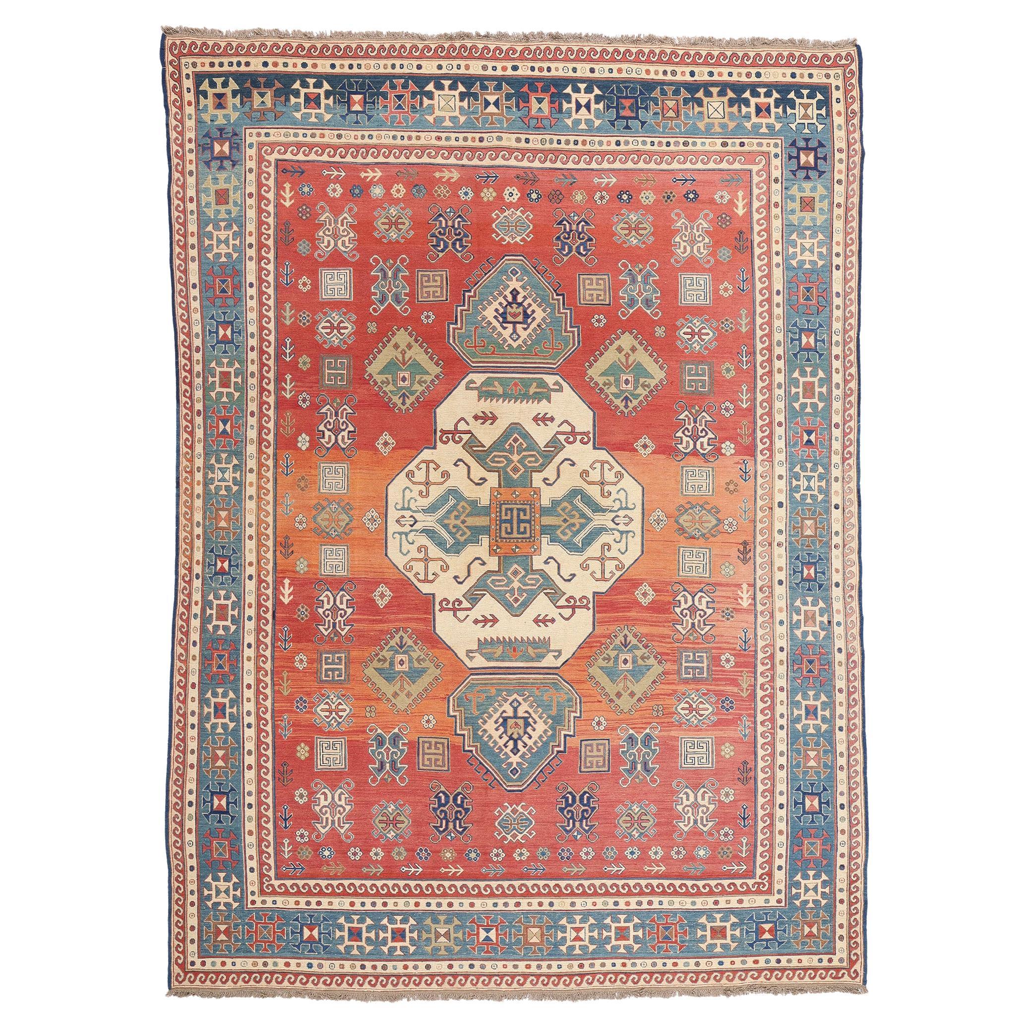 Großer kaukasischer Stammeskunst-Teppich in Blau und Rot, 09'09 x 13'05