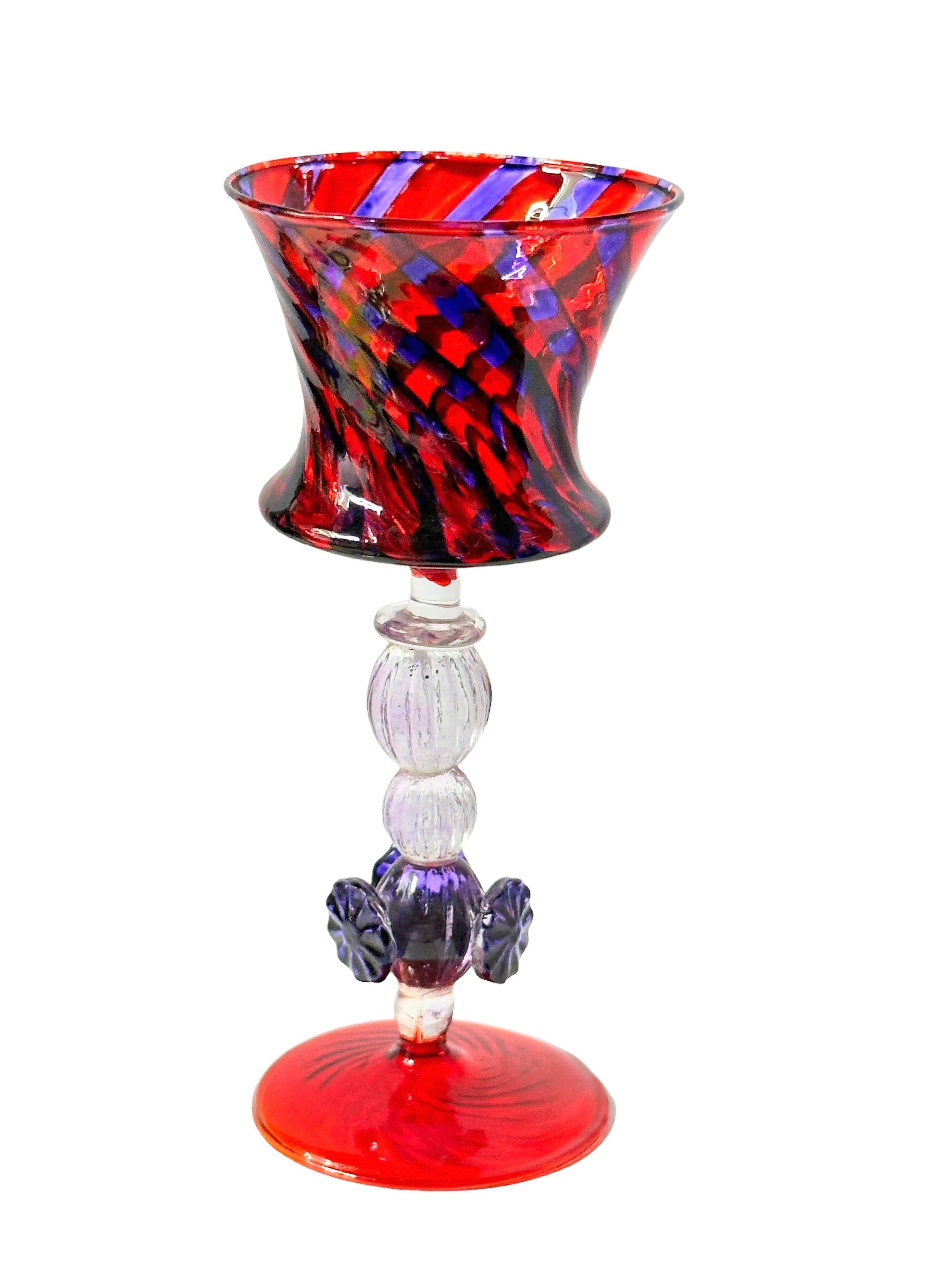 Italian Blue and Red Salviati Murano Glass Liqueur Goblet, Vintage Italy  For Sale
