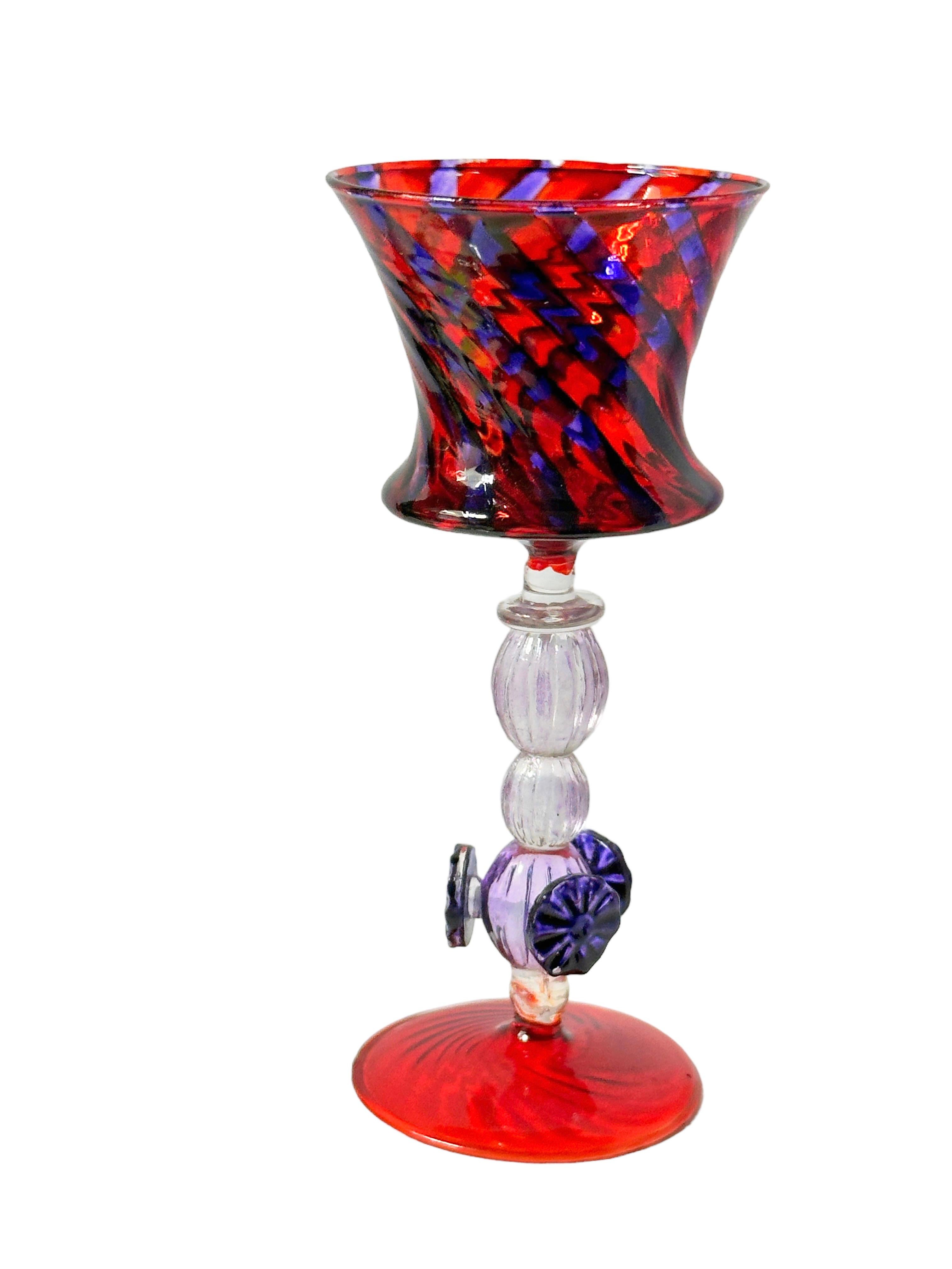 Hand-Crafted Blue and Red Salviati Murano Glass Liqueur Goblet, Vintage Italy  For Sale