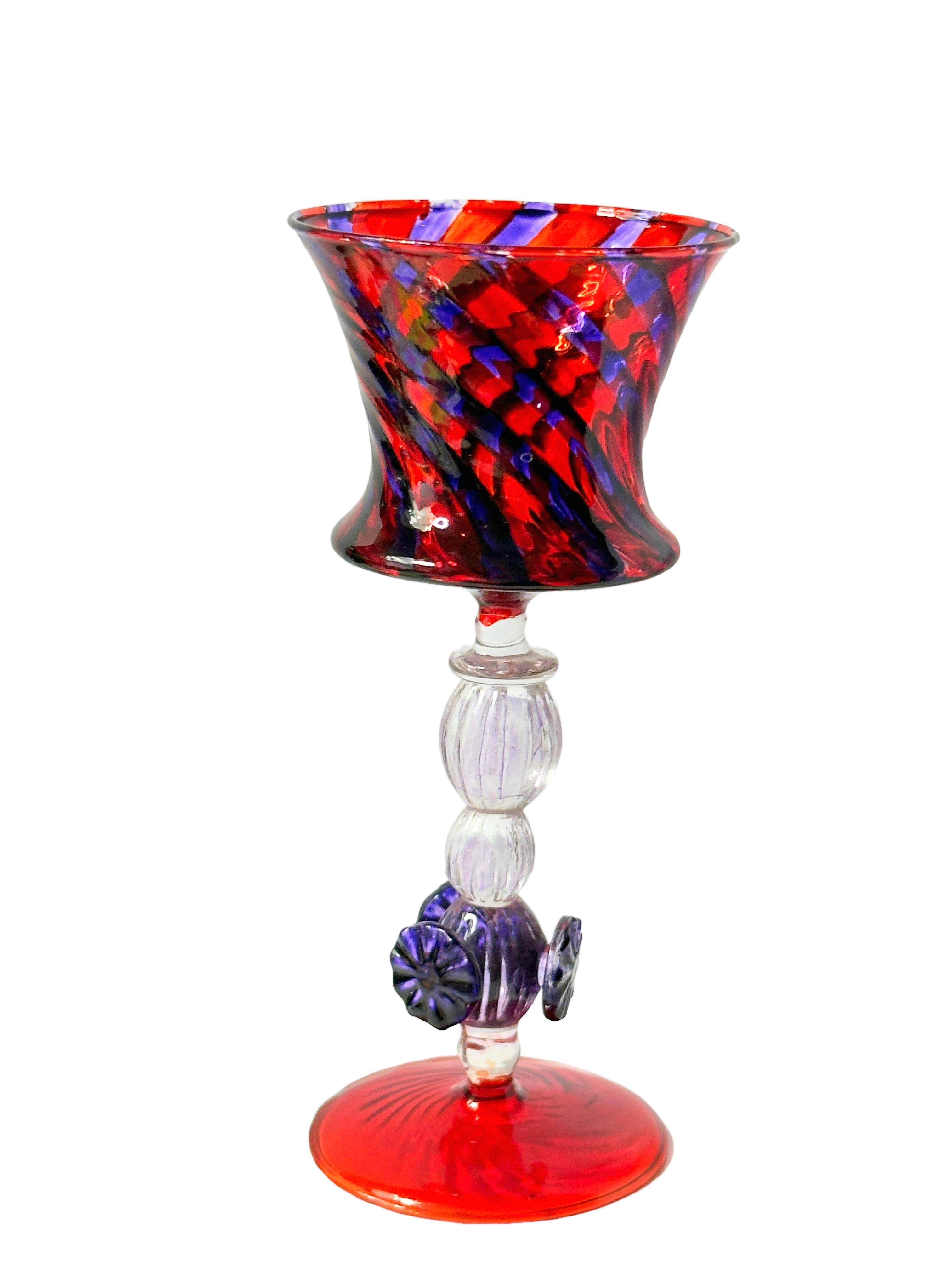 Blue and Red Salviati Murano Glass Liqueur Goblet, Vintage Italy  For Sale
