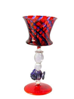 Blue and Red Salviati Murano Glass Liqueur Goblet, Vintage Italy 