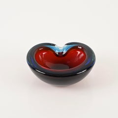 Blue and Red Sommerso Murano Glass Heart-Shaped Bowl, Italy, 1960s
