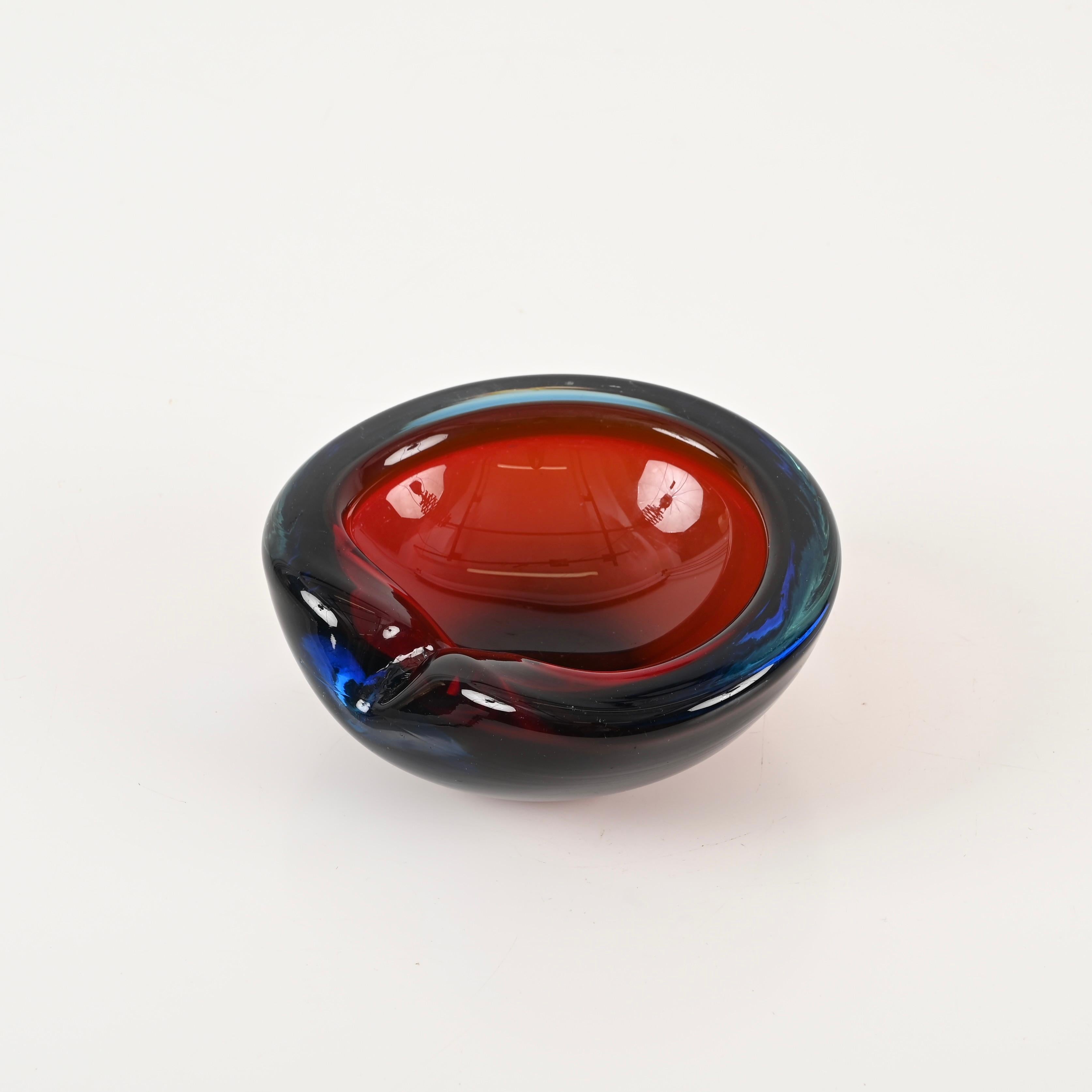 Italian Blue and Red Sommerso Murano Glass Heart-Shaped Bowl, Italy, 1960s For Sale