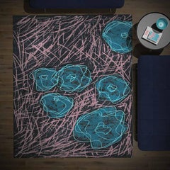 Blue and Rose on Black Hand Knotted Floral Nepalese Rug (natural wool)