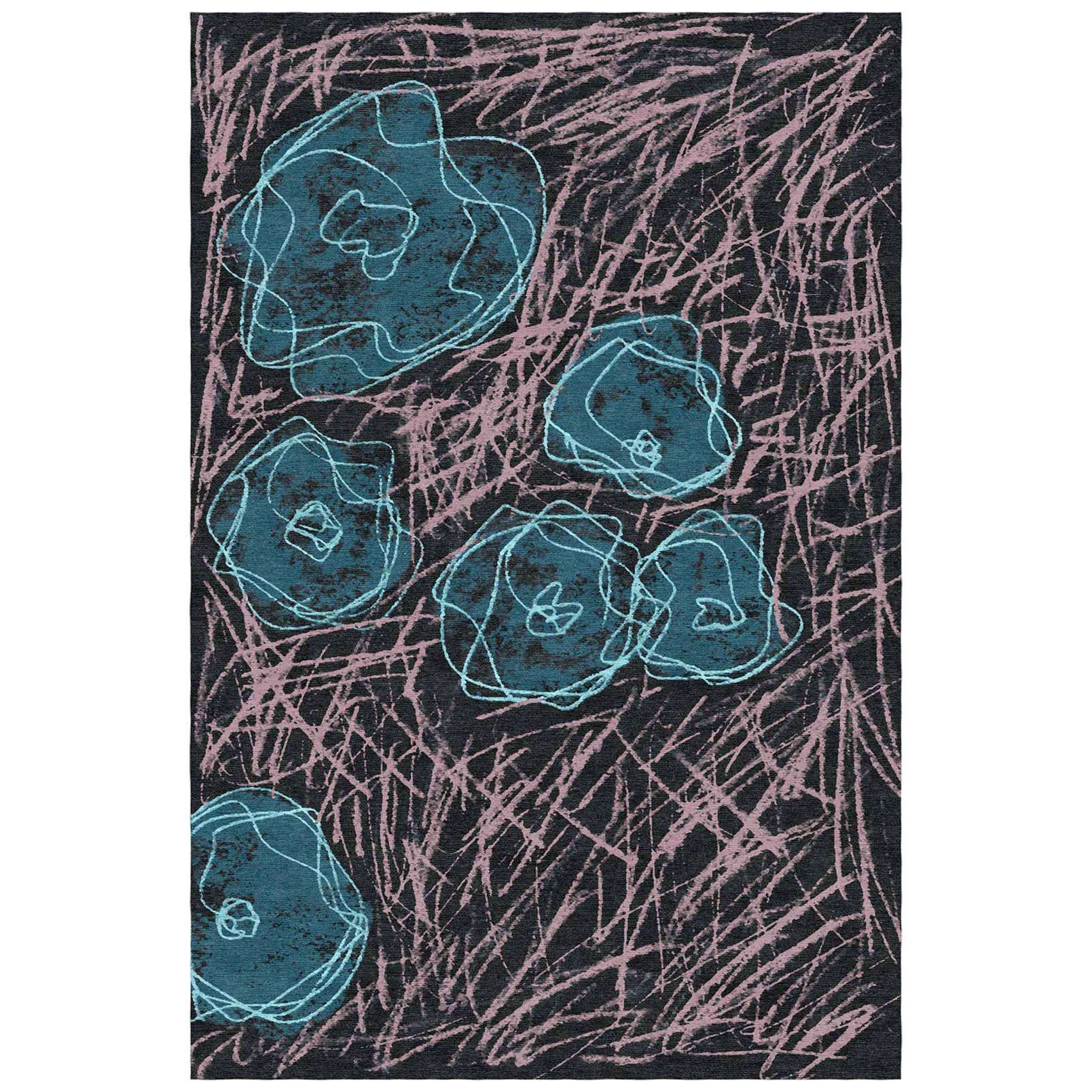 Blue and Rose on Black Hand Knotted Floral Nepalese Rug (natural wool) For Sale