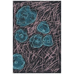 Blue and Rose on Black Hand Knotted Floral Nepalese Rug (natural wool)