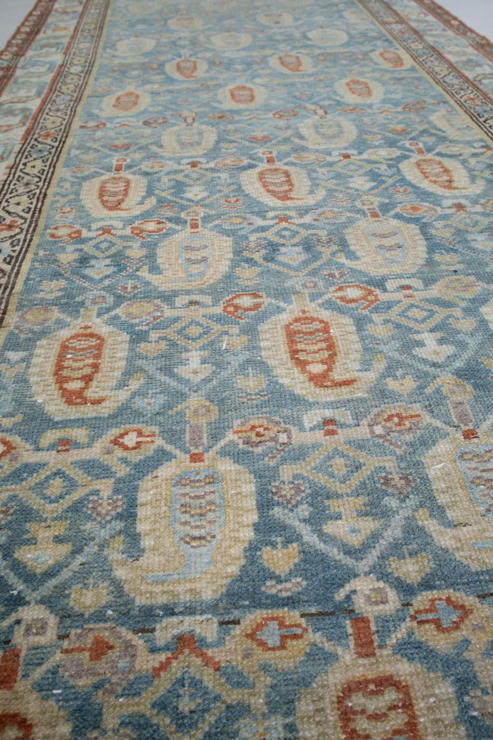 Hand-Woven Blue and Rust Antique Persian Malayer Runner Rug