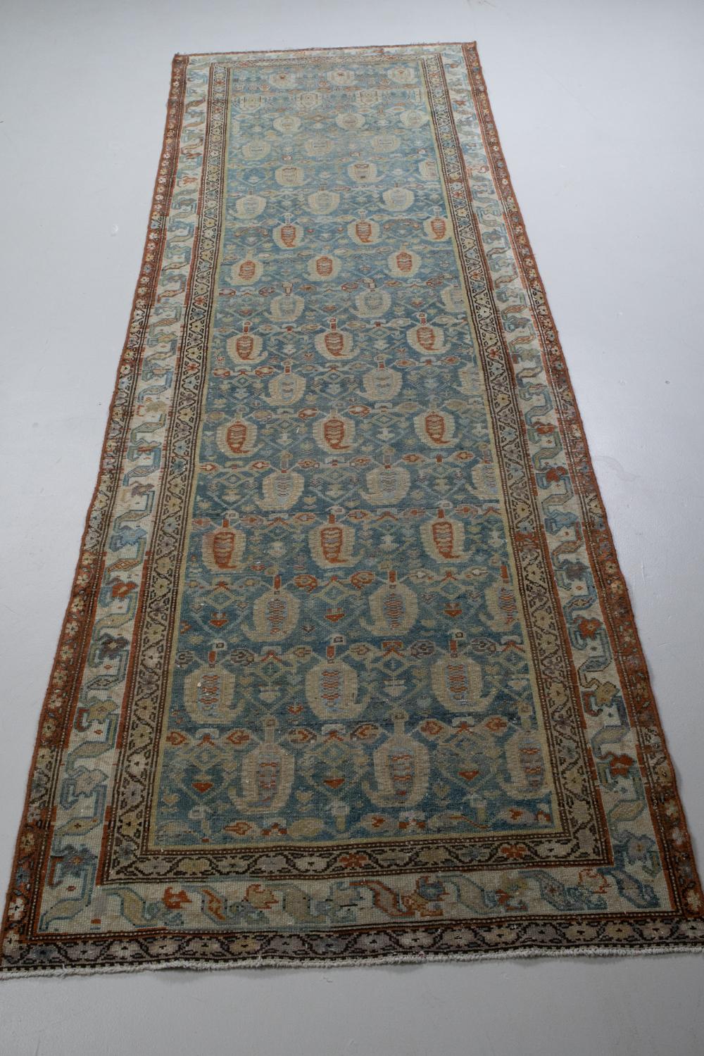Early 20th Century Blue and Rust Antique Persian Malayer Runner Rug