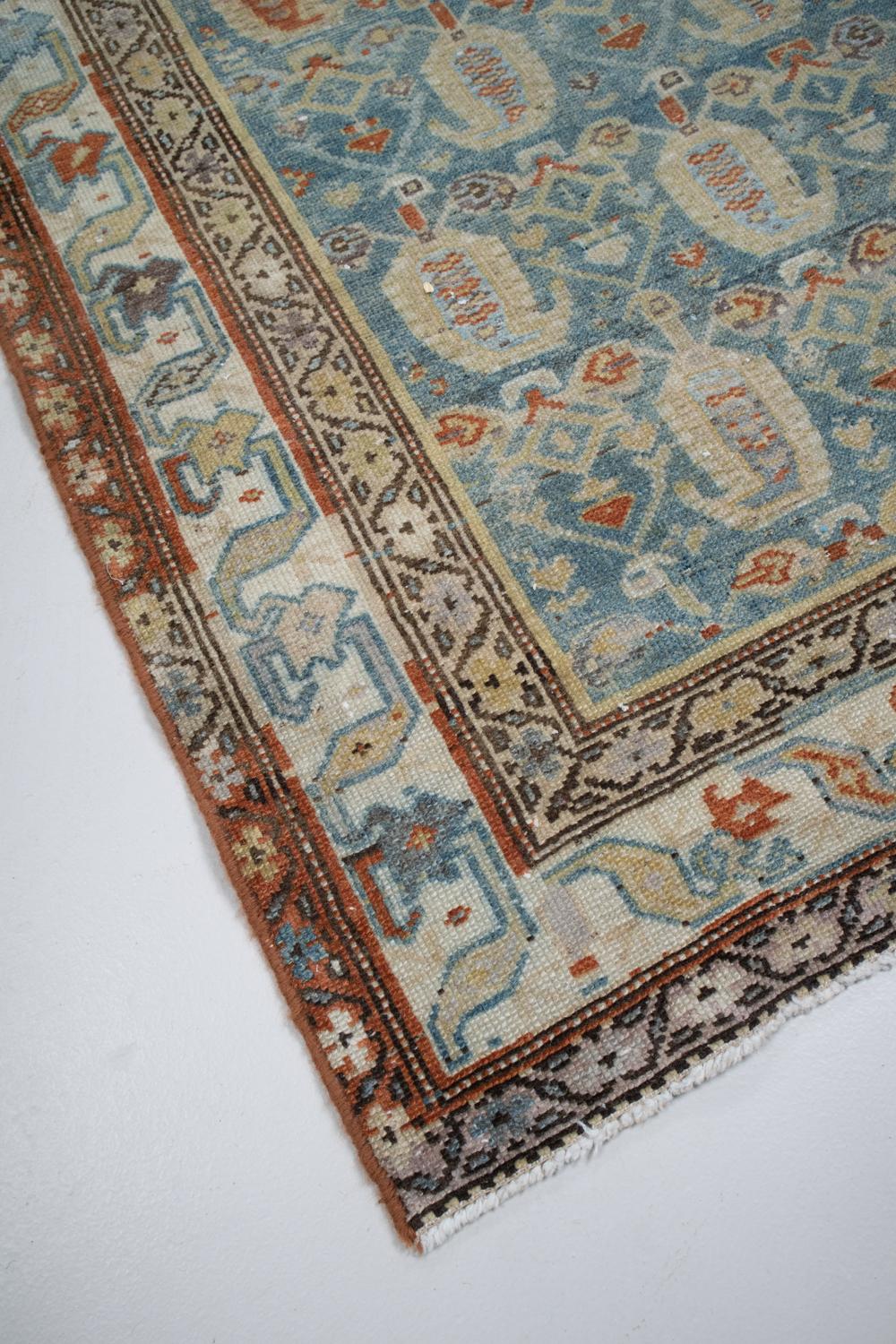 Wool Blue and Rust Antique Persian Malayer Runner Rug