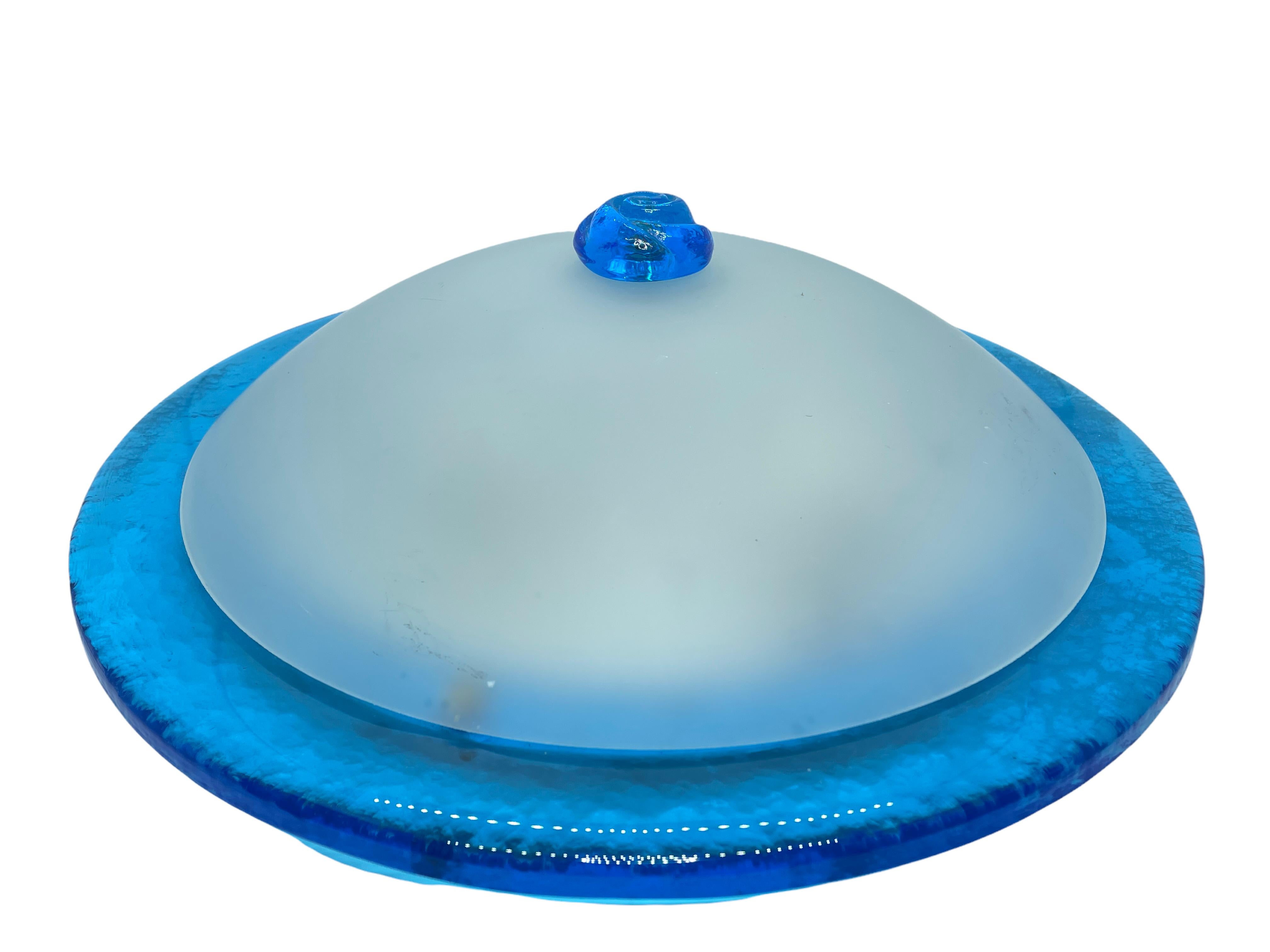 Late 20th Century Blue and Satin Murano Glass Flush Mount Ceiling Light, by Massive Lights 1980s