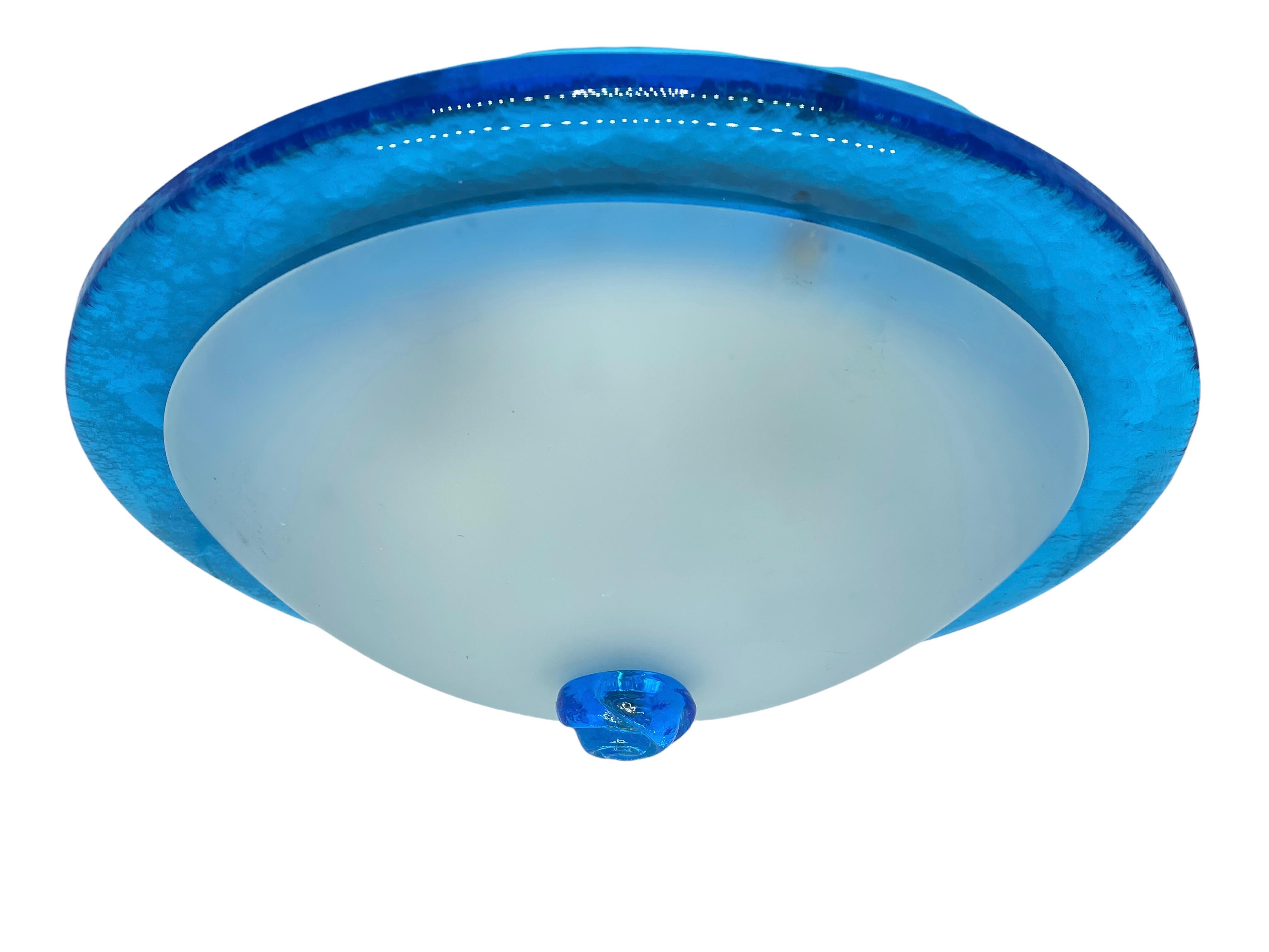 Metal Blue and Satin Murano Glass Flush Mount Ceiling Light, by Massive Lights 1980s
