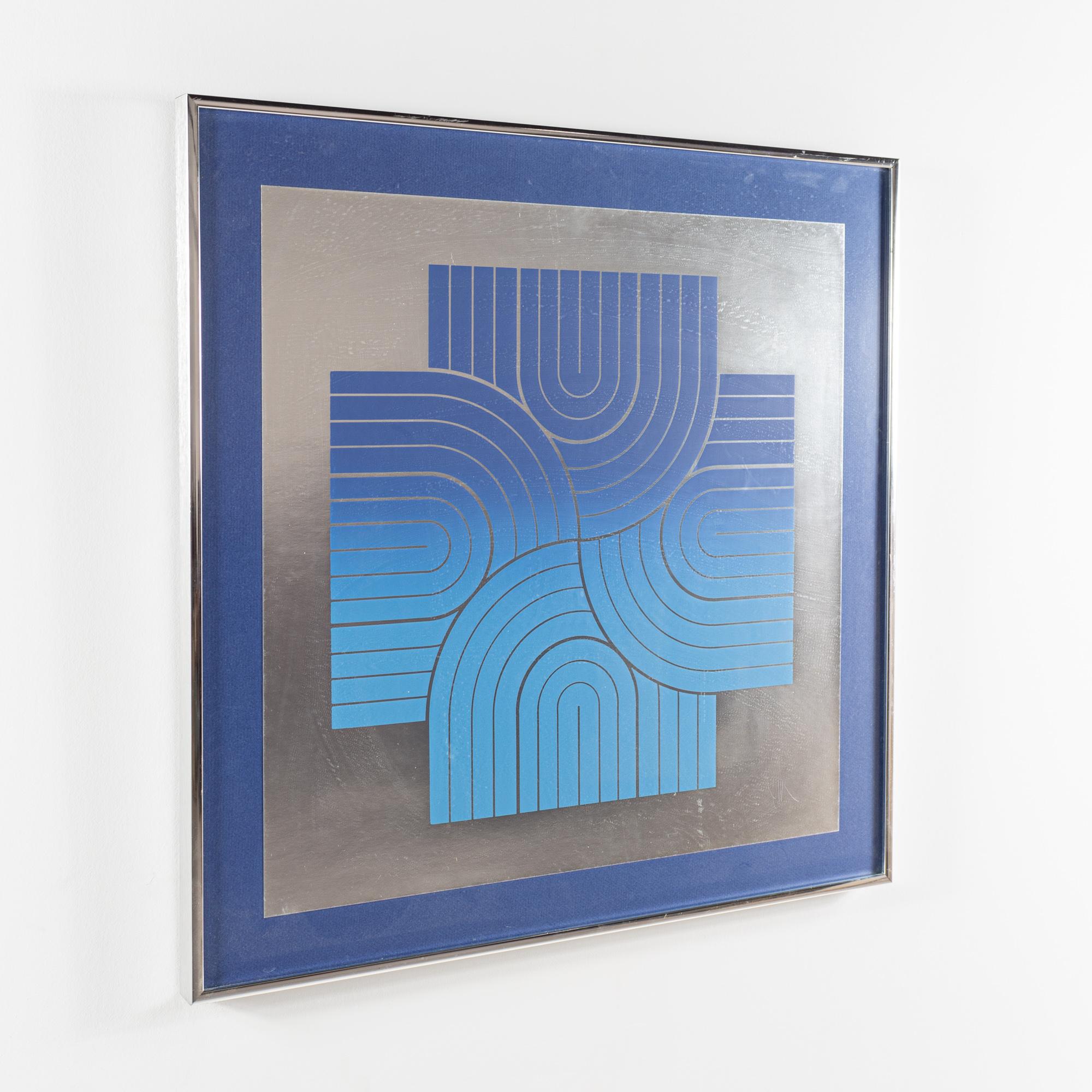 Moderne Impression abstraite bleue et argentée en vente