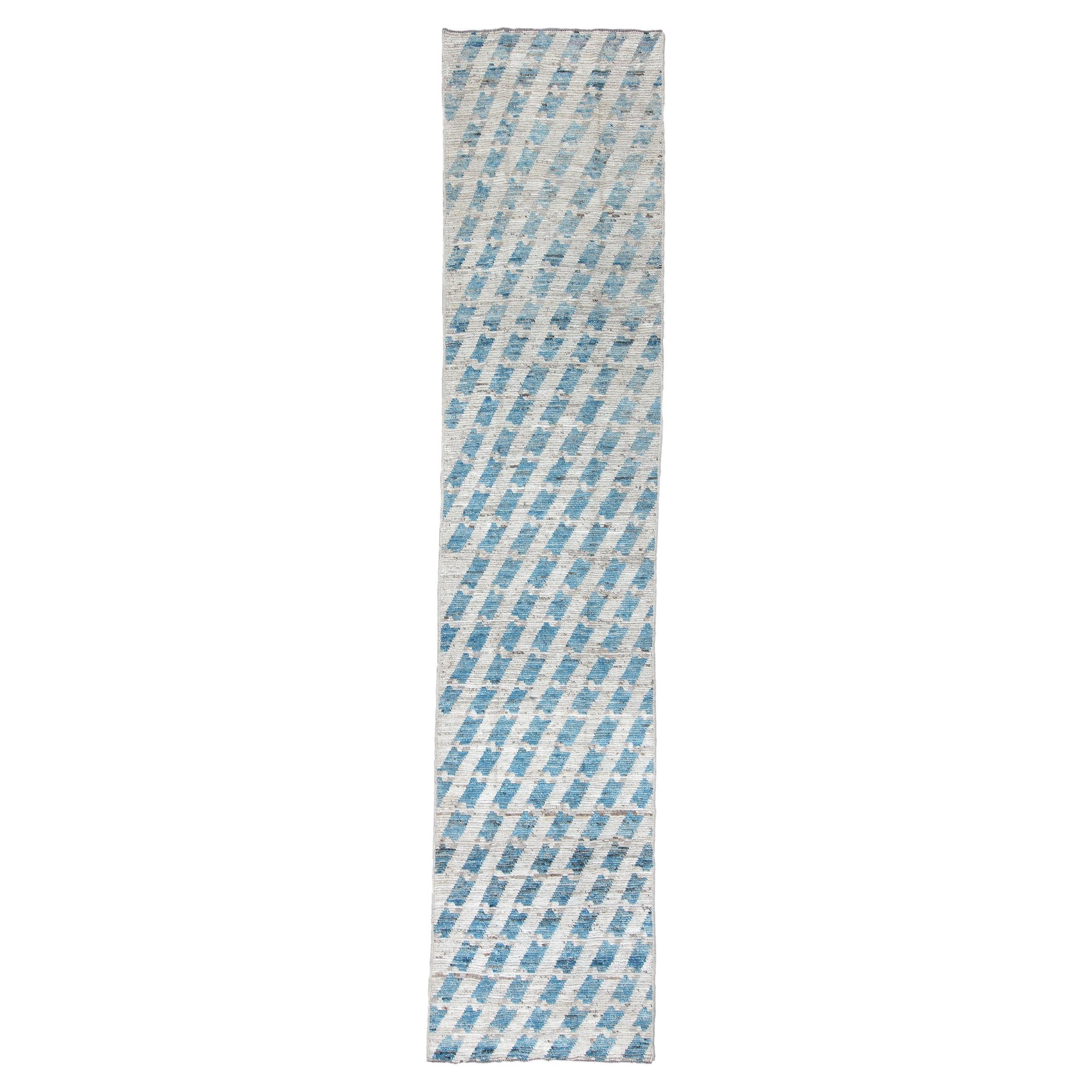 Blue and Silver Allover Geometric Tulu Rug For Sale
