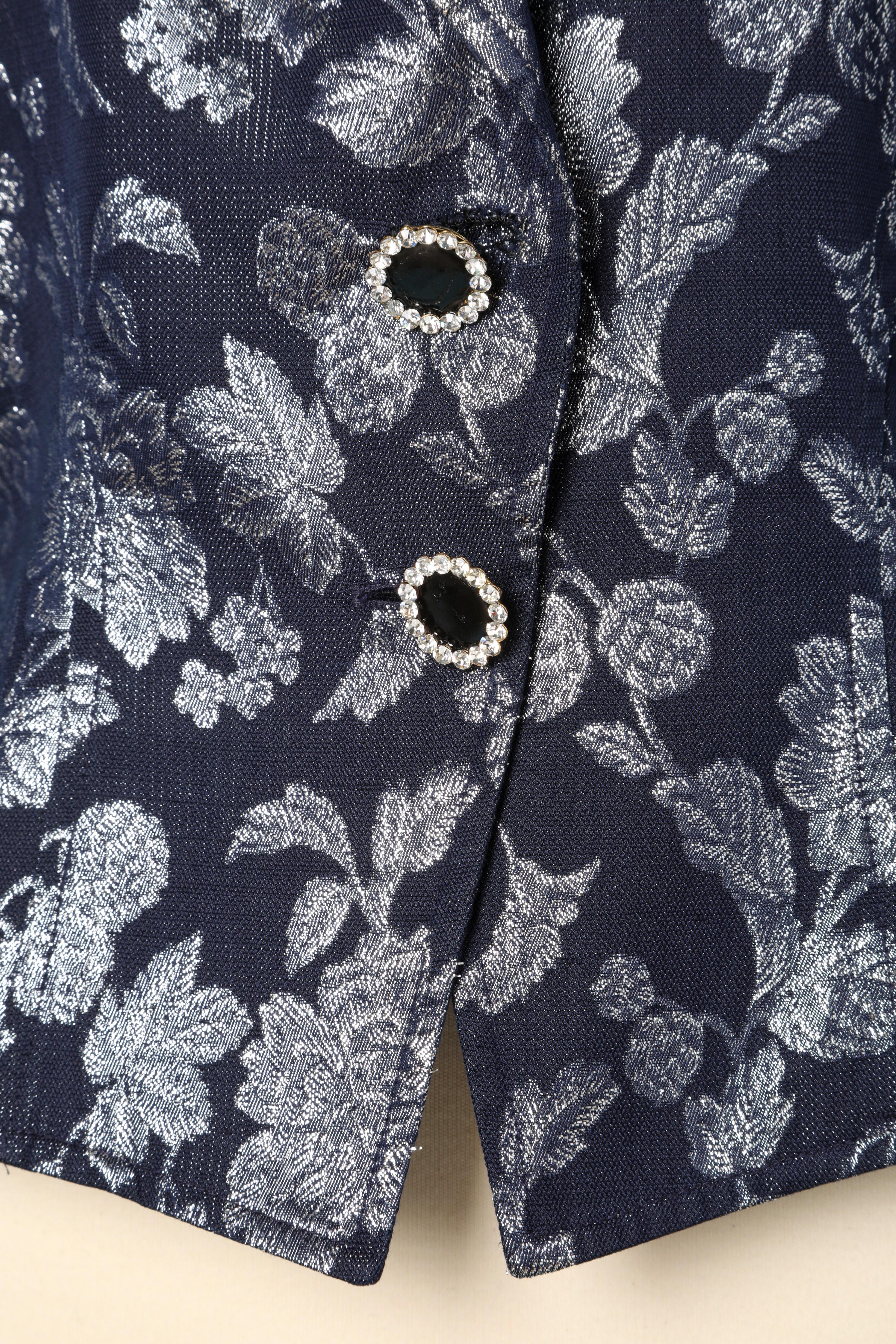 Black Blue and silver damask jacket with rhinestone buttons Ungaro  For Sale