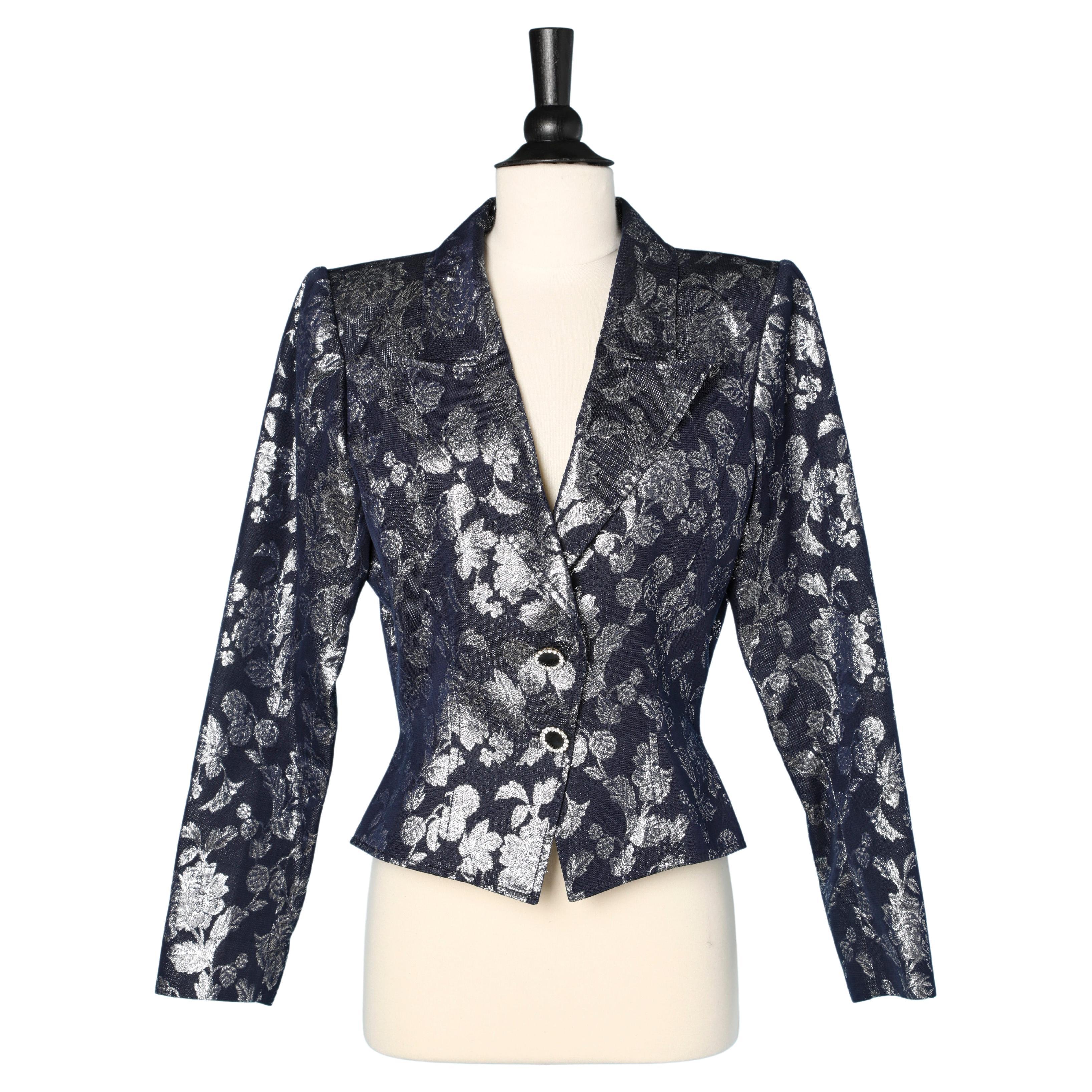 Blue and silver damask jacket with rhinestone buttons Ungaro  For Sale