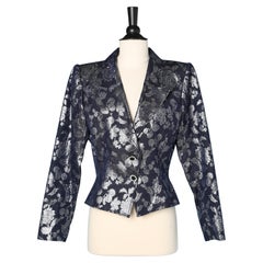 Retro Blue and silver damask jacket with rhinestone buttons Ungaro 