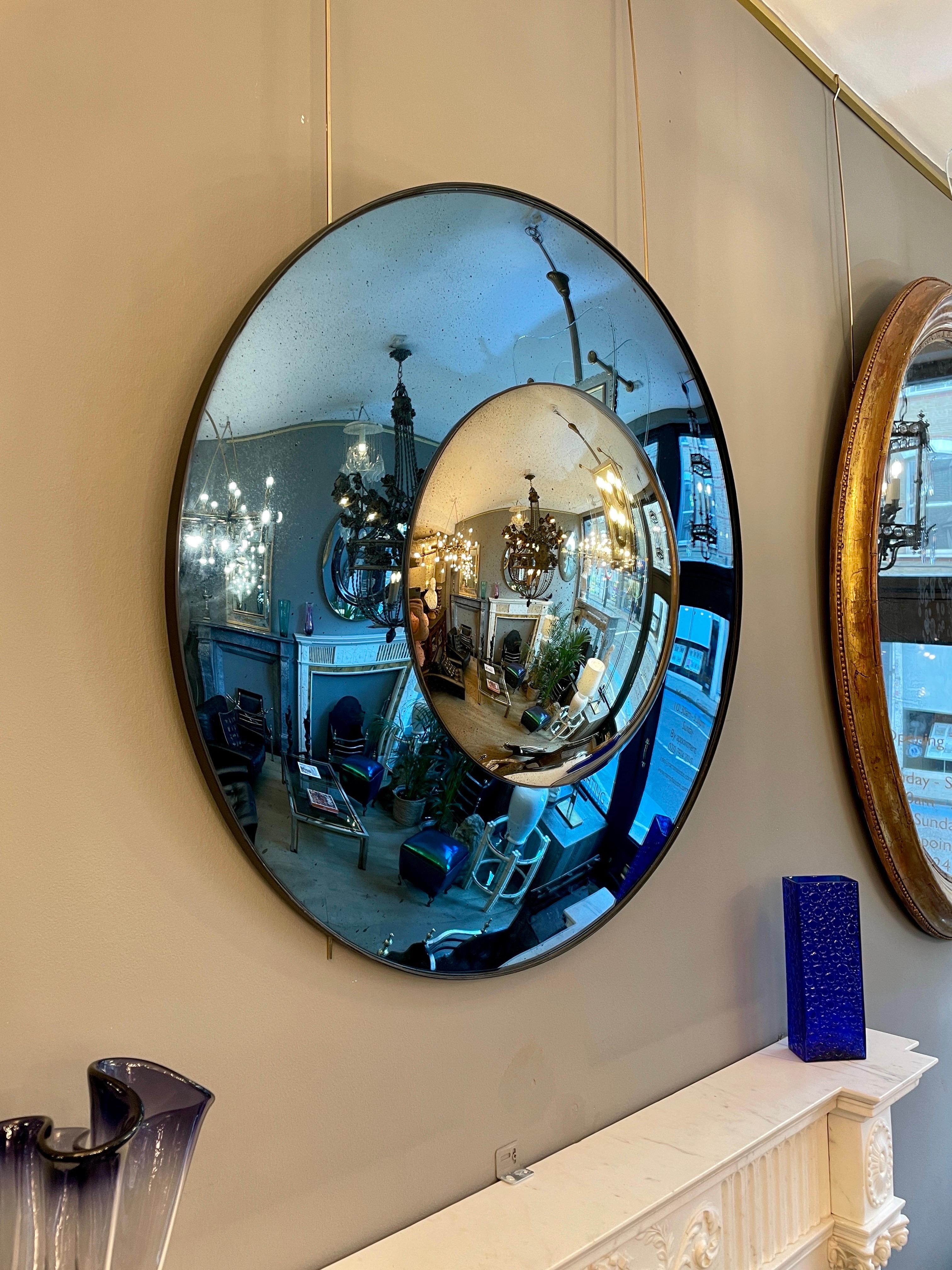 Blue and Silver Distressed Glass Convex Mirror For Sale 5