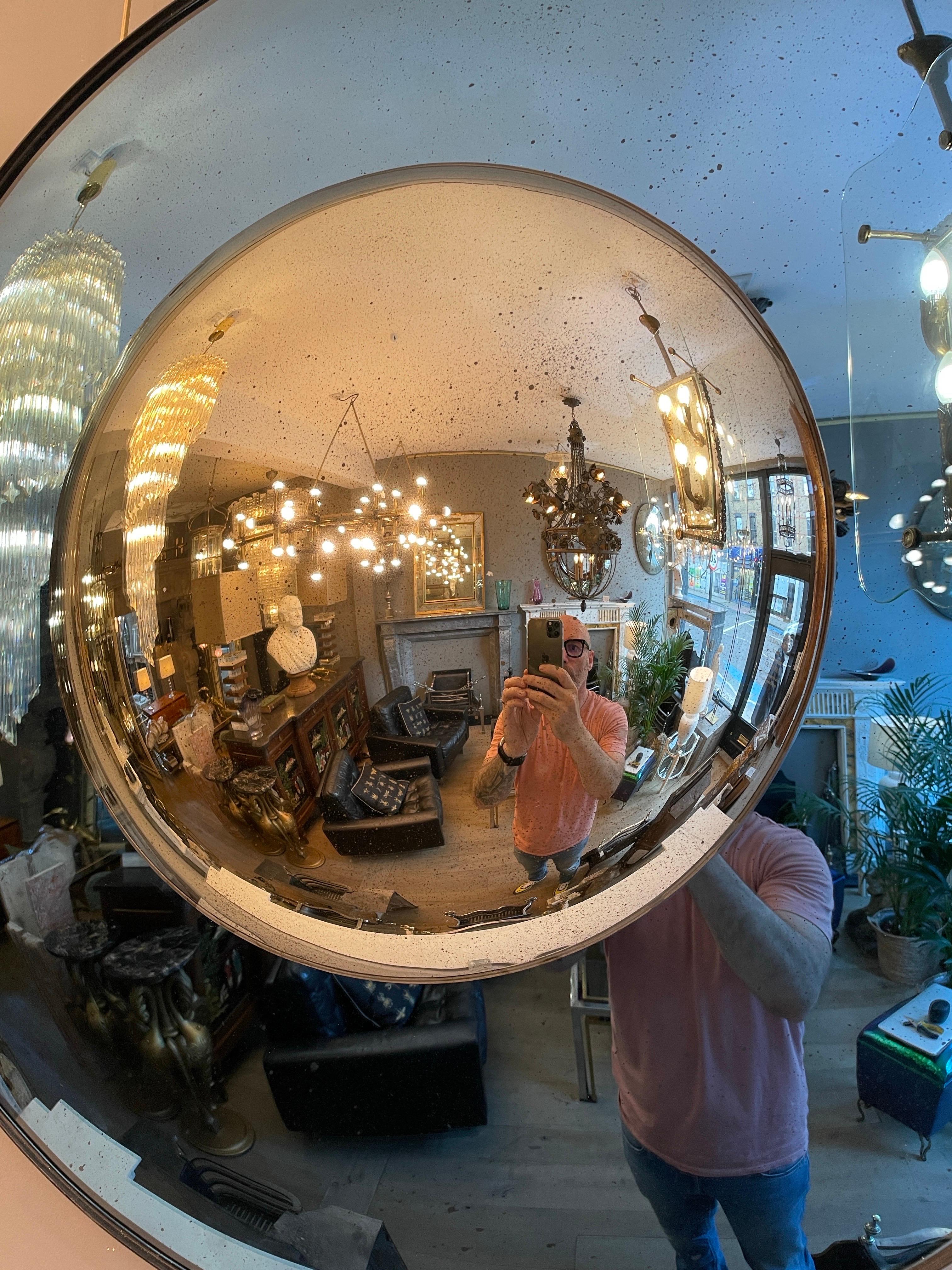 English Blue and Silver Distressed Glass Convex Mirror For Sale