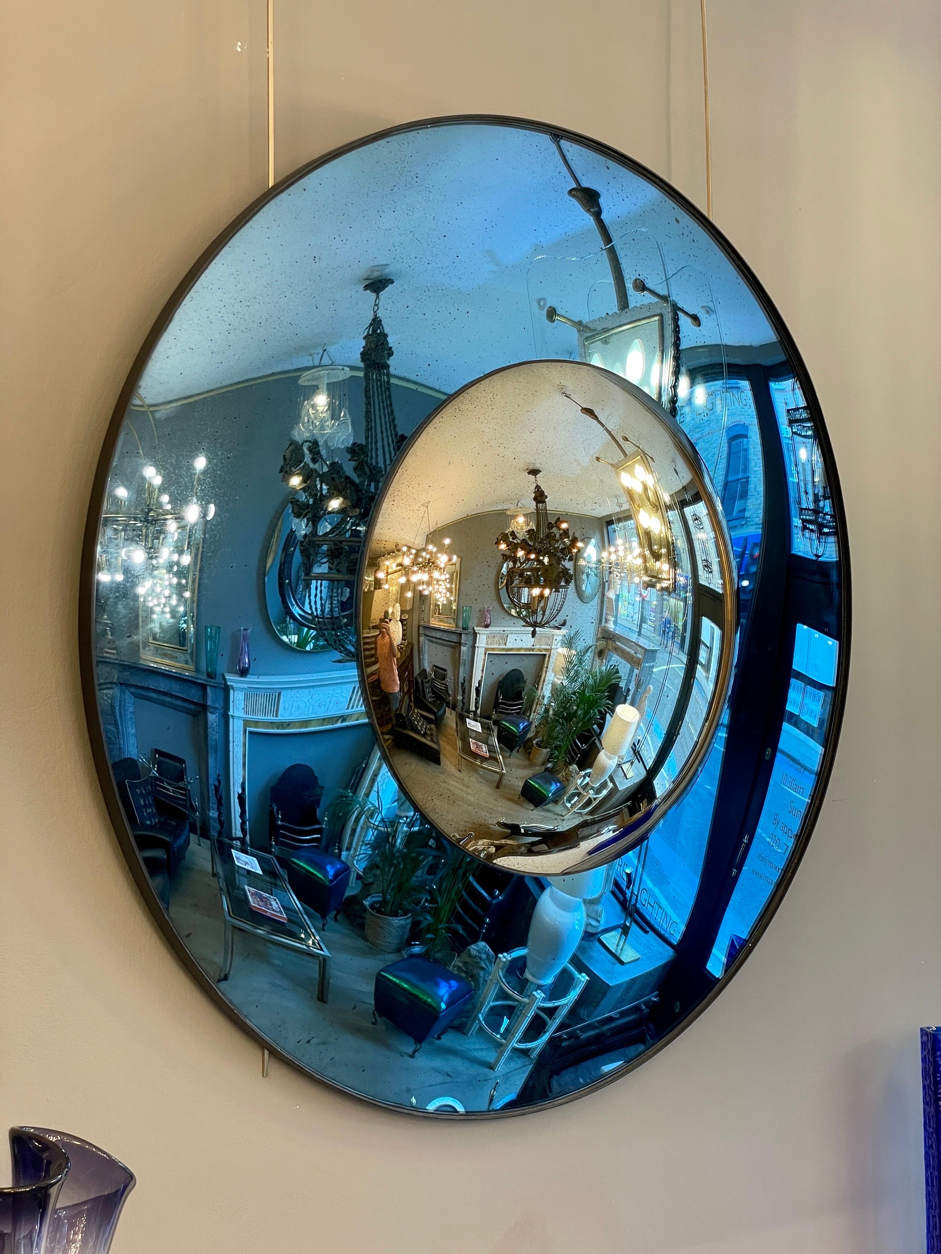 Blue and Silver Distressed Glass Convex Mirror In Good Condition For Sale In London, GB