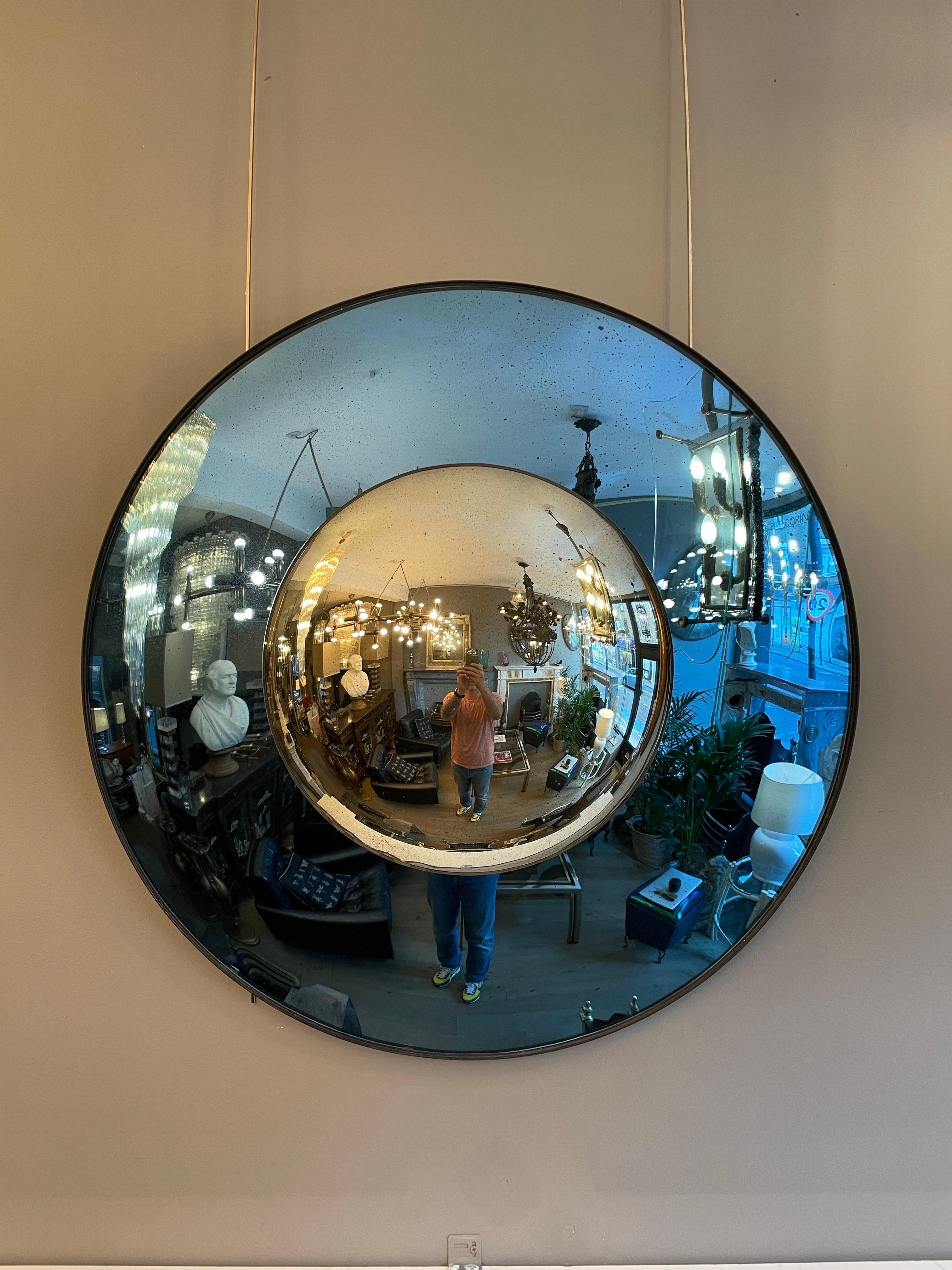 Blue and Silver Distressed Glass Convex Mirror For Sale 2
