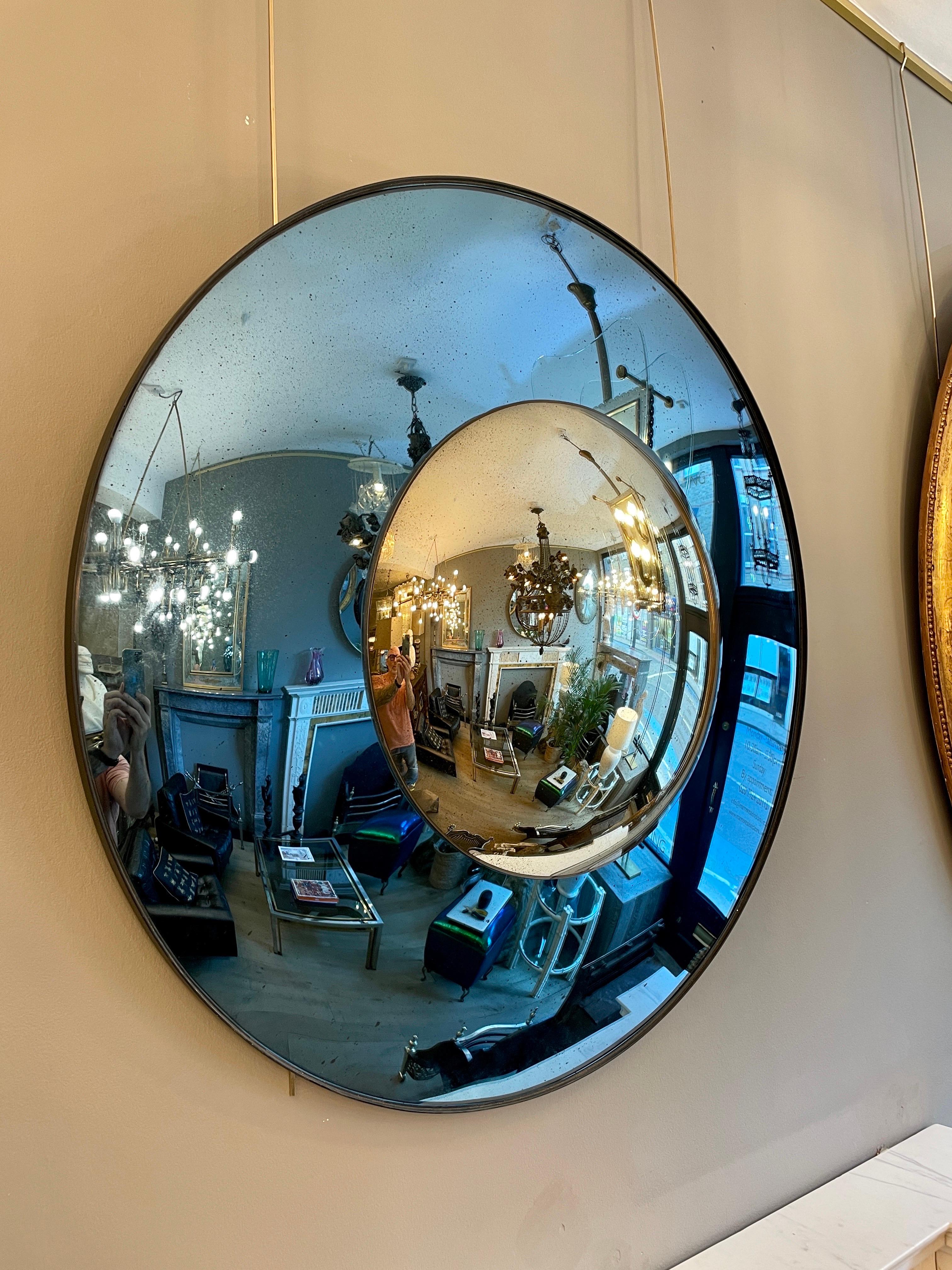 Blue and Silver Distressed Glass Convex Mirror For Sale 4