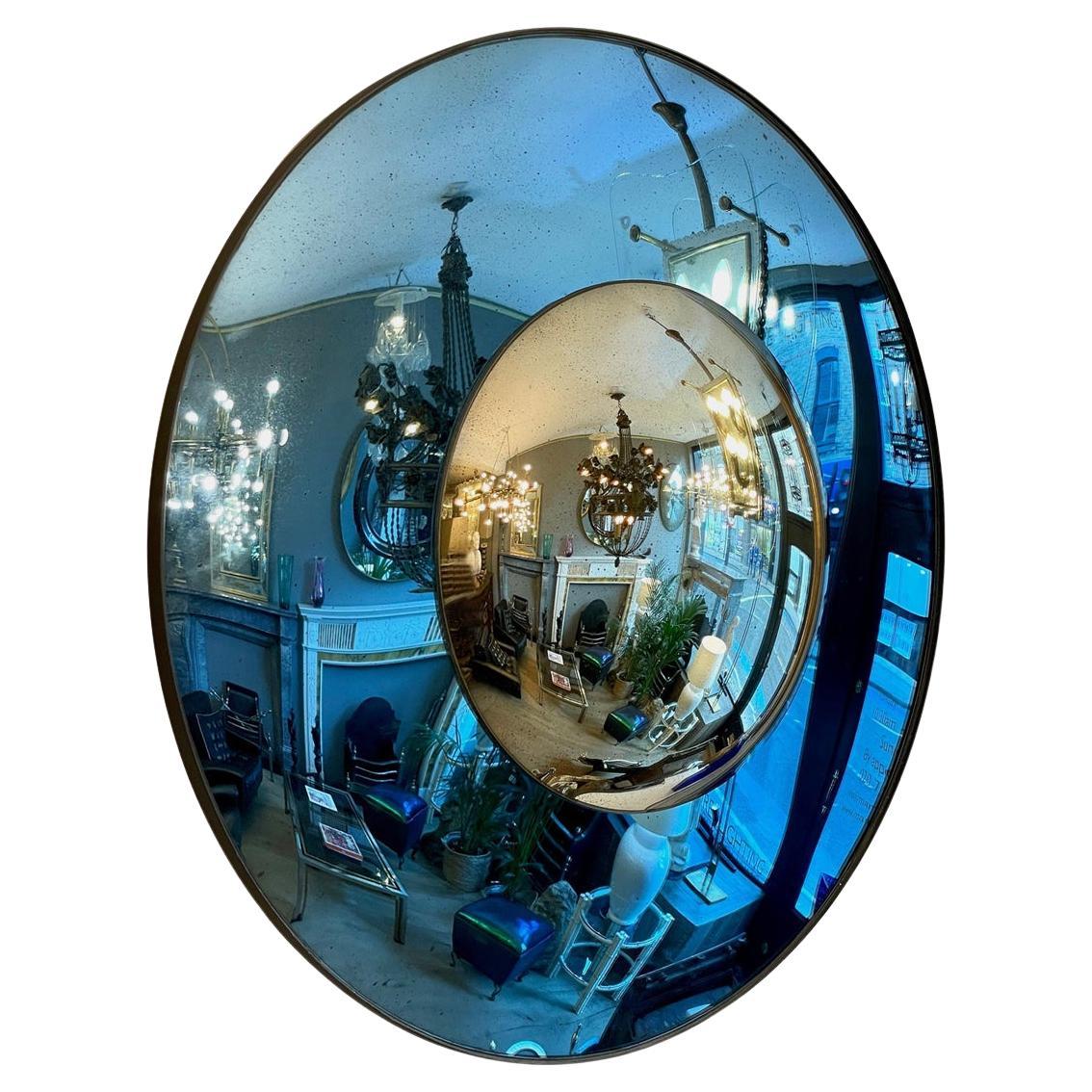 Specchio convesso in vetro blu e argento con finitura anticata