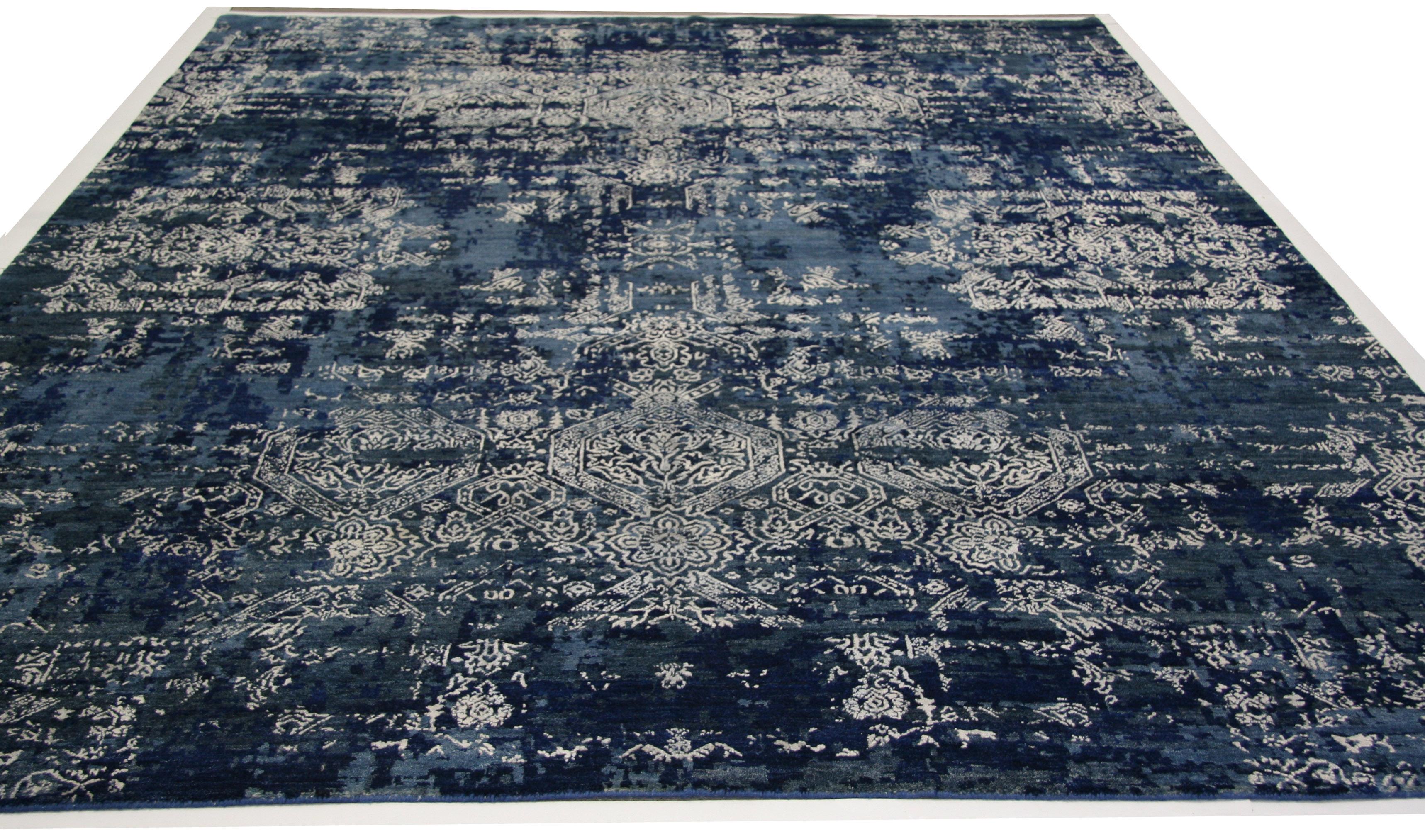 Indian Blue and Silver High Low Area Rug For Sale