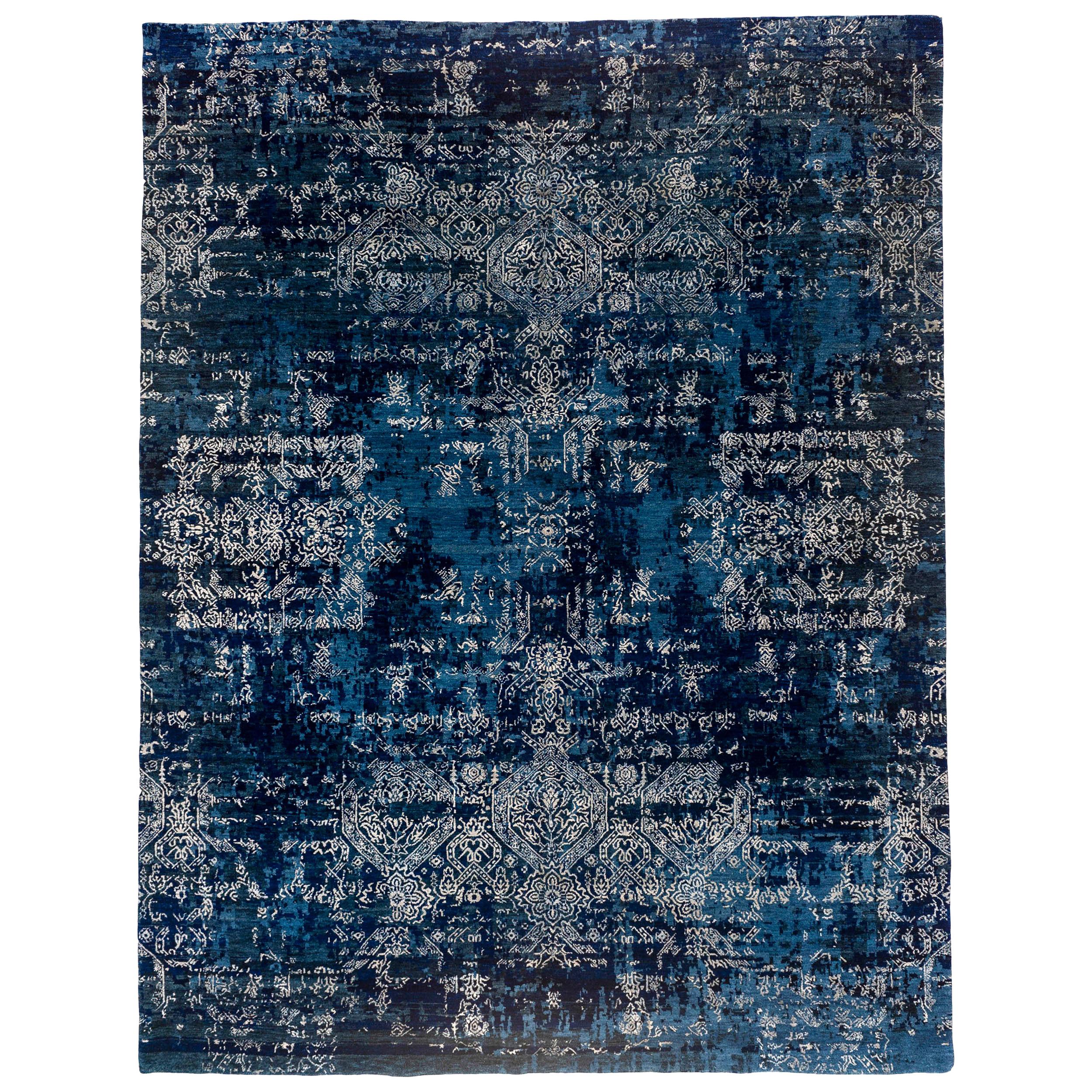 Blue and Silver High Low Area Rug For Sale