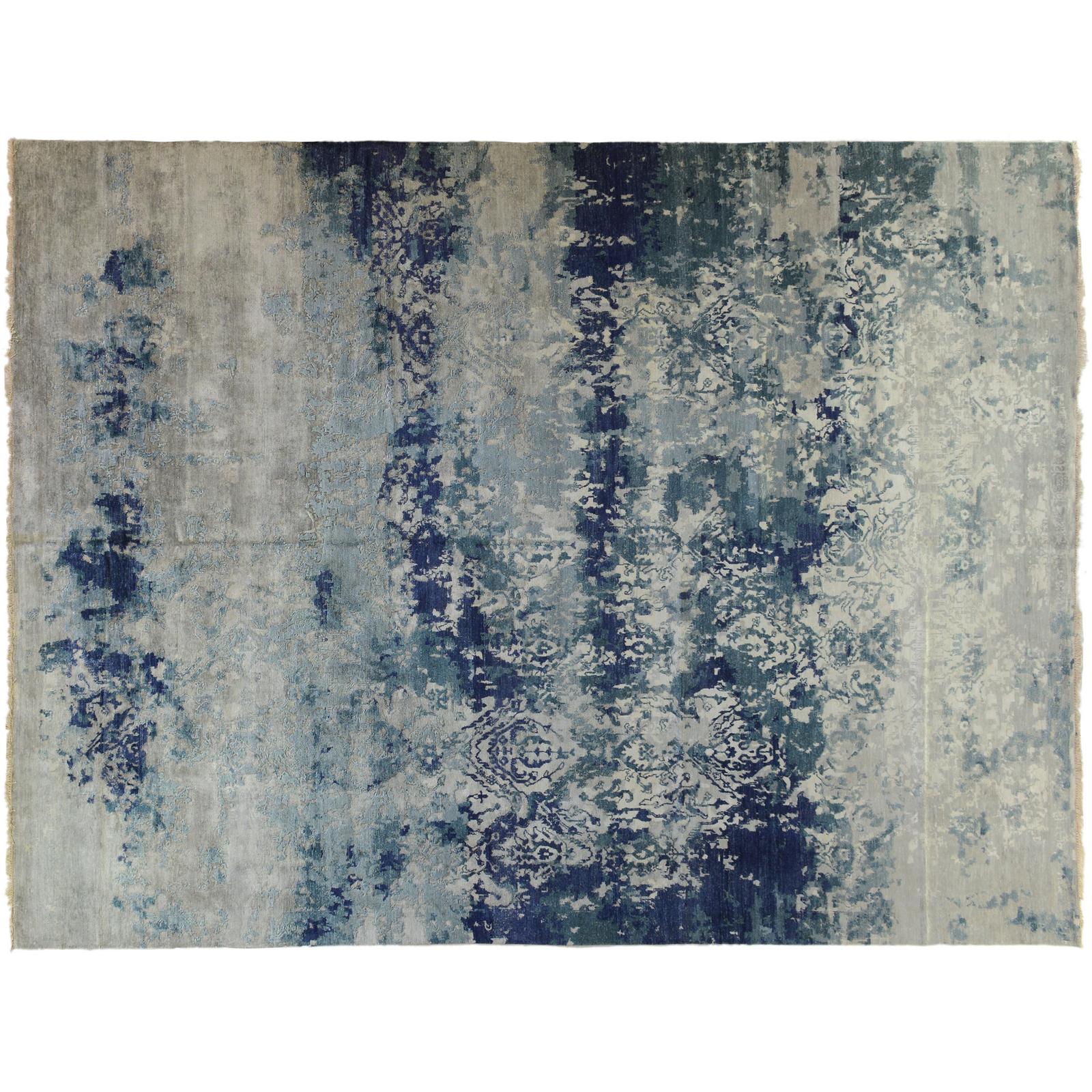 Blue and Silver High Low Indian Wool Area Rug