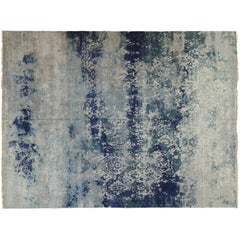 Blue and Silver High Low Indian Wool Area Rug