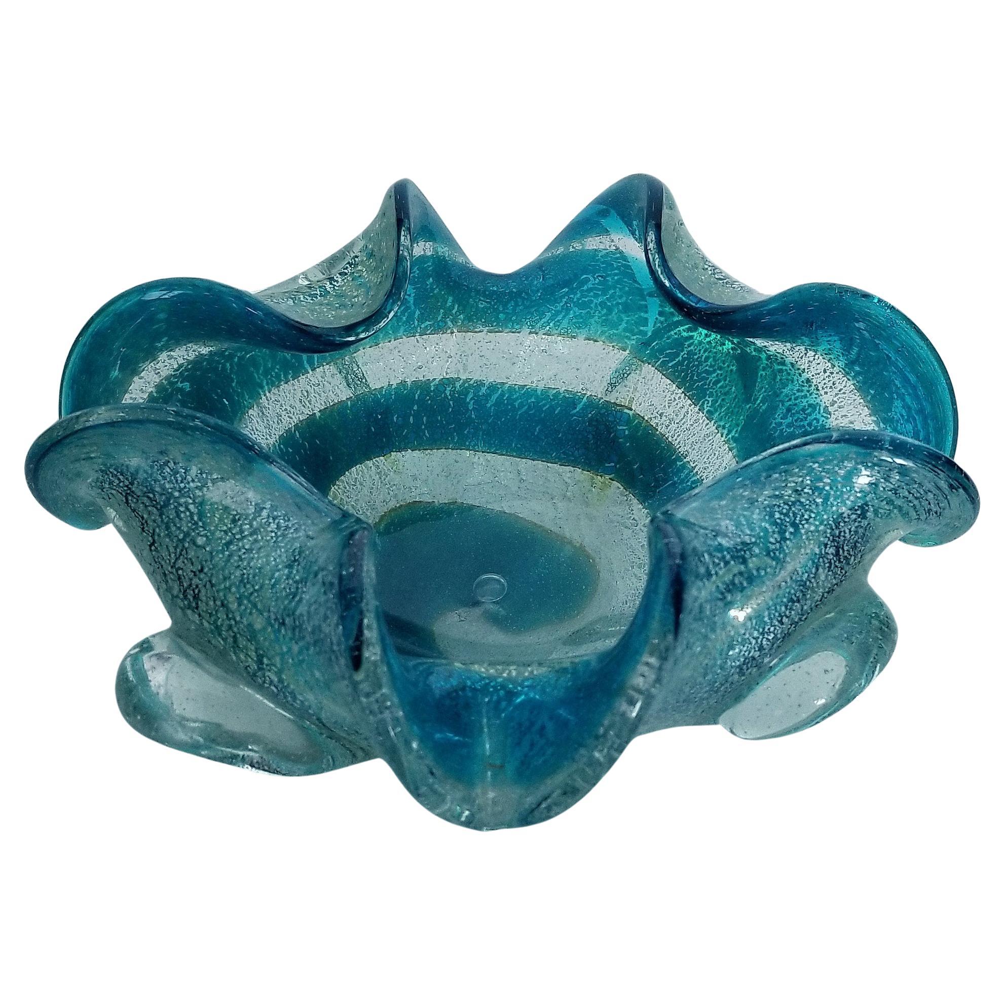 Italian Blue and Silver Murano Glass Ashtray or Catch-all Bowl For Sale